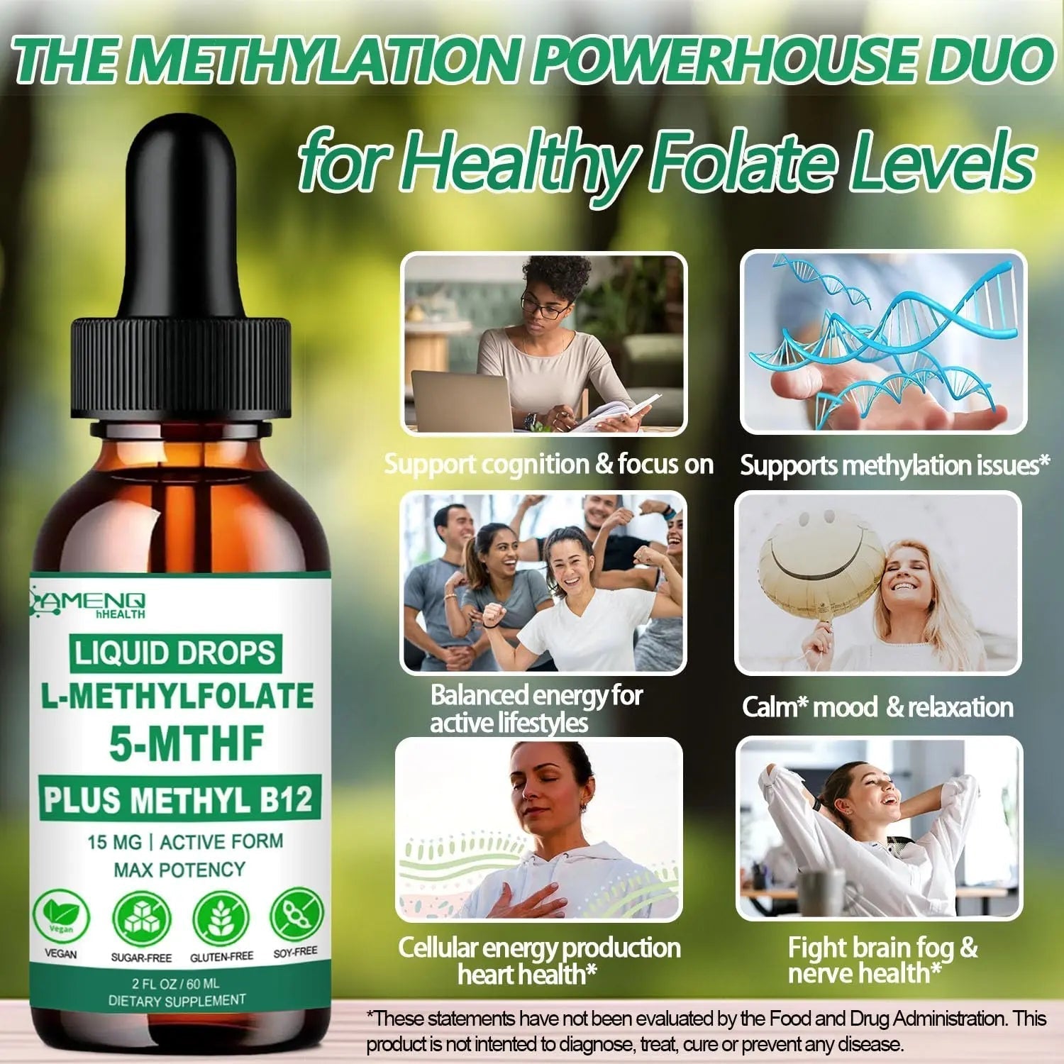 Methylfolate Supplement Liquid Drops, L Methy Folate 15mg Plus Methy B12, B6, B2 Multivitamin, Metabolically Active 5-MTHF Form AMENQ hHEALTHAu supplements