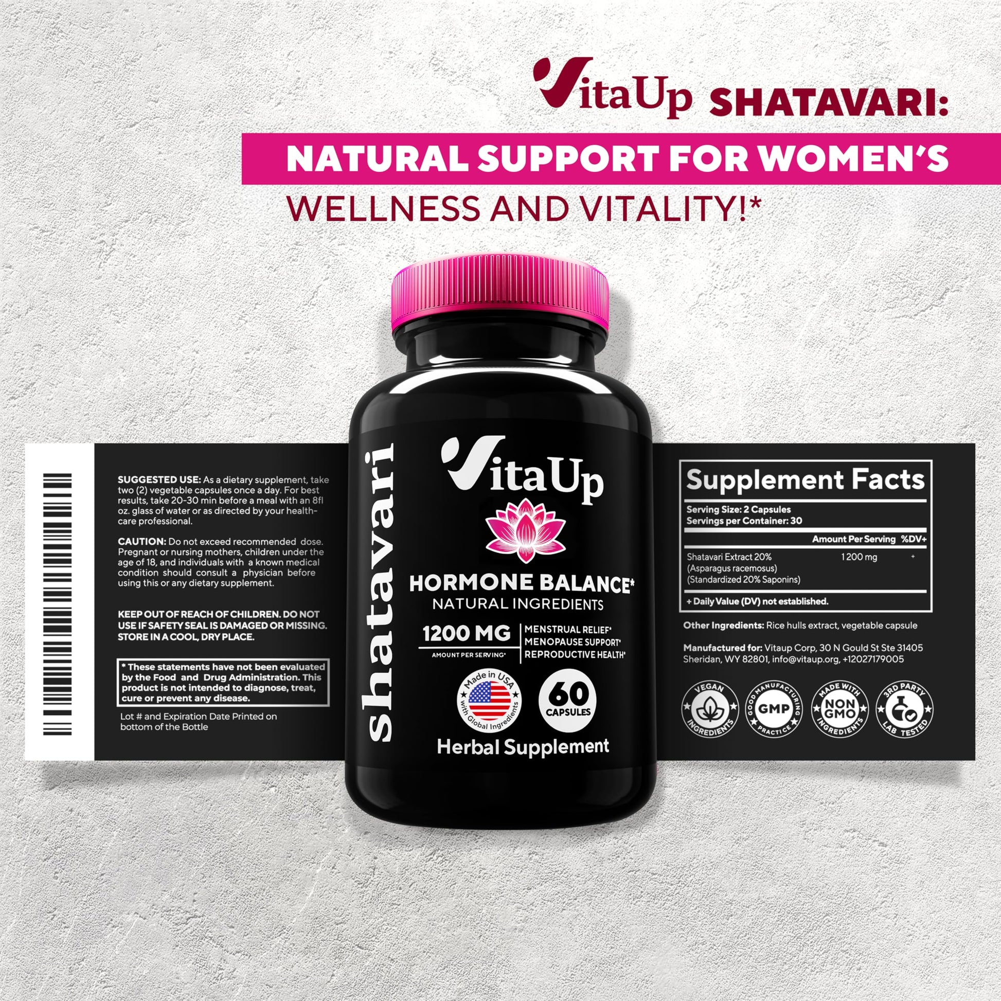 VitaUp Shatavari Capsules for Women 1200mg - USA Made Shatavari Root Supplement for Normal Hormonal Support, Menopause & Menstrual Wellness - 60 Vegan Capsules VitaUpAu supplements