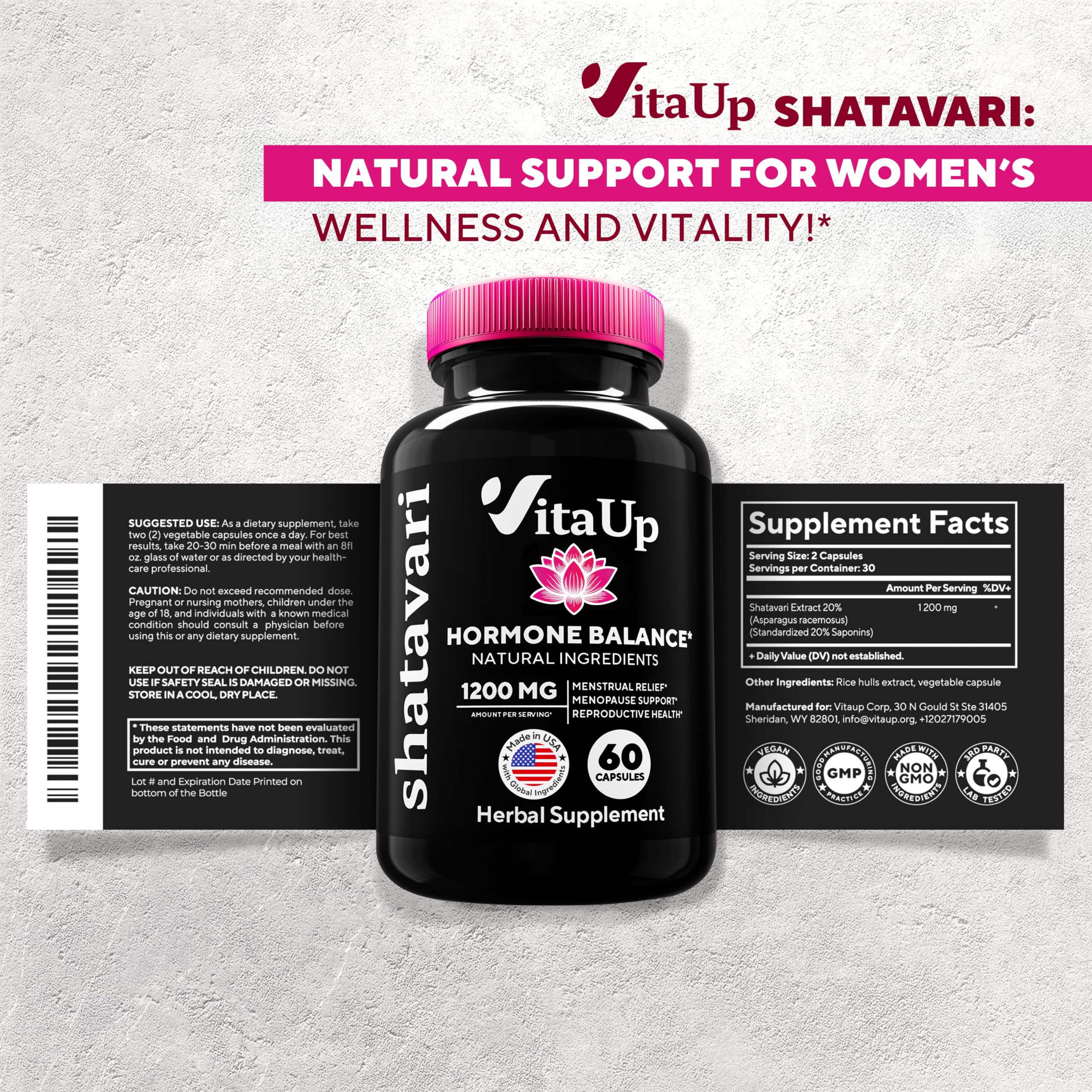 VitaUp Shatavari Capsules for Women 1200mg - USA Made Shatavari Root Supplement for Normal Hormonal Support, Menopause & Menstrual Wellness - 60 Vegan Capsules VitaUpAu supplements