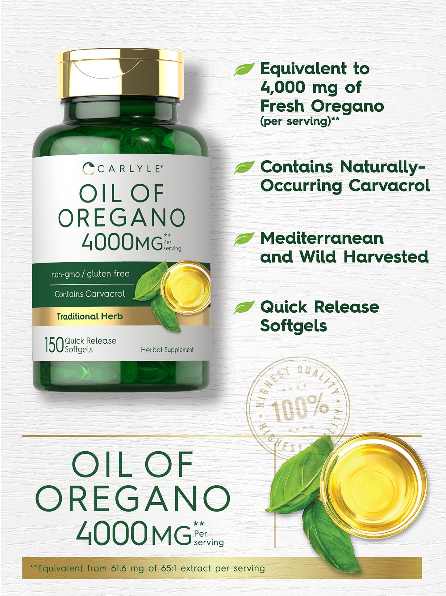Oregano Oil Extract | Max Potency | 150 Softgel Capsules | Non-GMO and Gluten CarlyleUS supplements