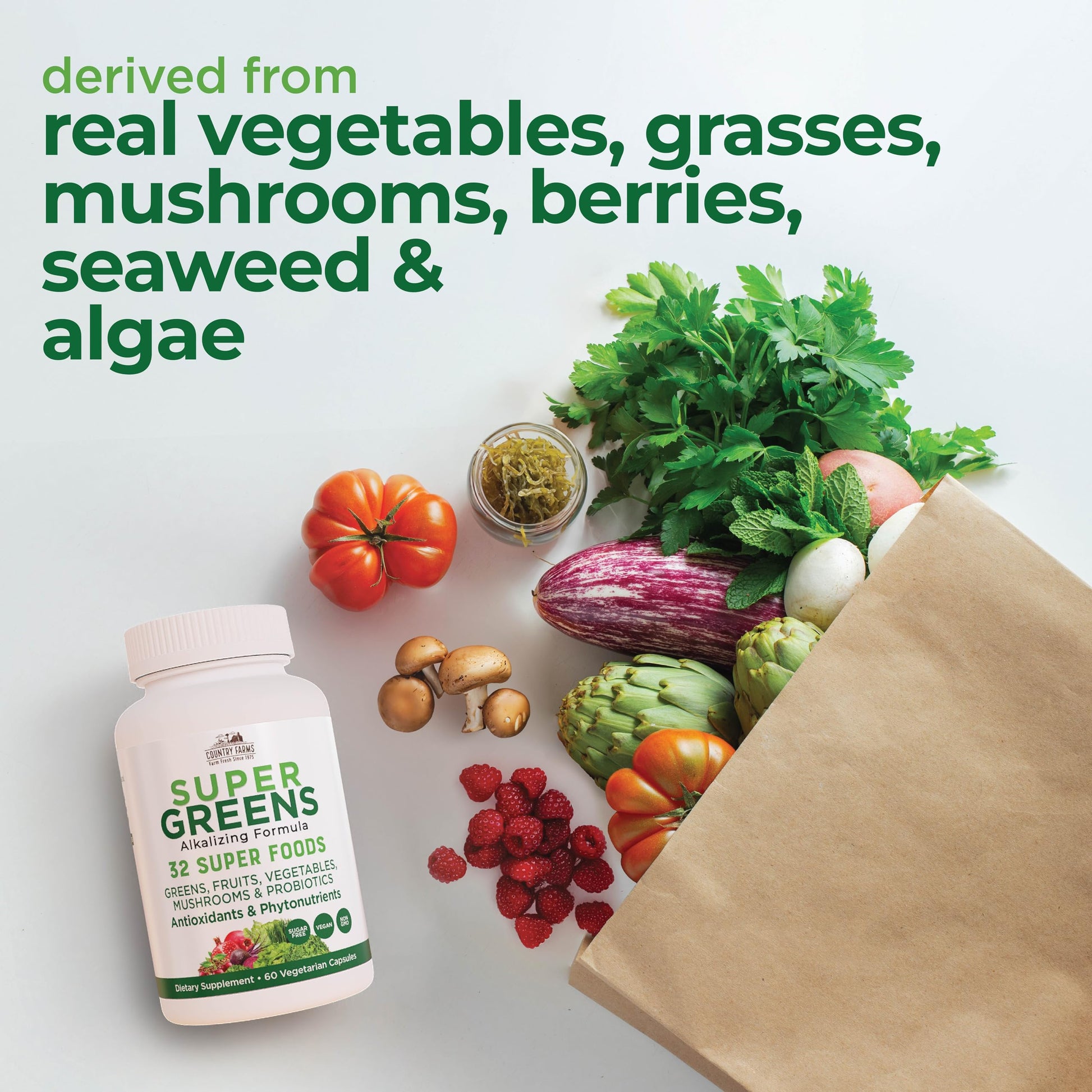 Country Farms Super Greens Vegicaps, 32 Super Foods, Whole Food Supplement, Greens, Fruit, Vegetables, Mushrooms & Probiotics, Rich in Antioxidants & Phytonutrients, 60 Count, 30 Servings Country FarmsAu supplements