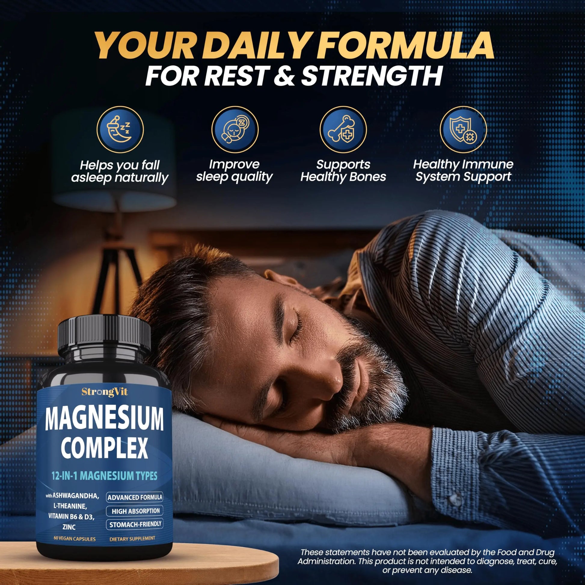 1000mg Magnesium Complex for Women and Men, 12 in 1 Magnesium Supplement with Ashwagandha, Zinc, D3, L-theanine. Easy to Swallow, High Absorption, Sleep Support & Stress Relief (60 Capsules) StrongVitnz supplements