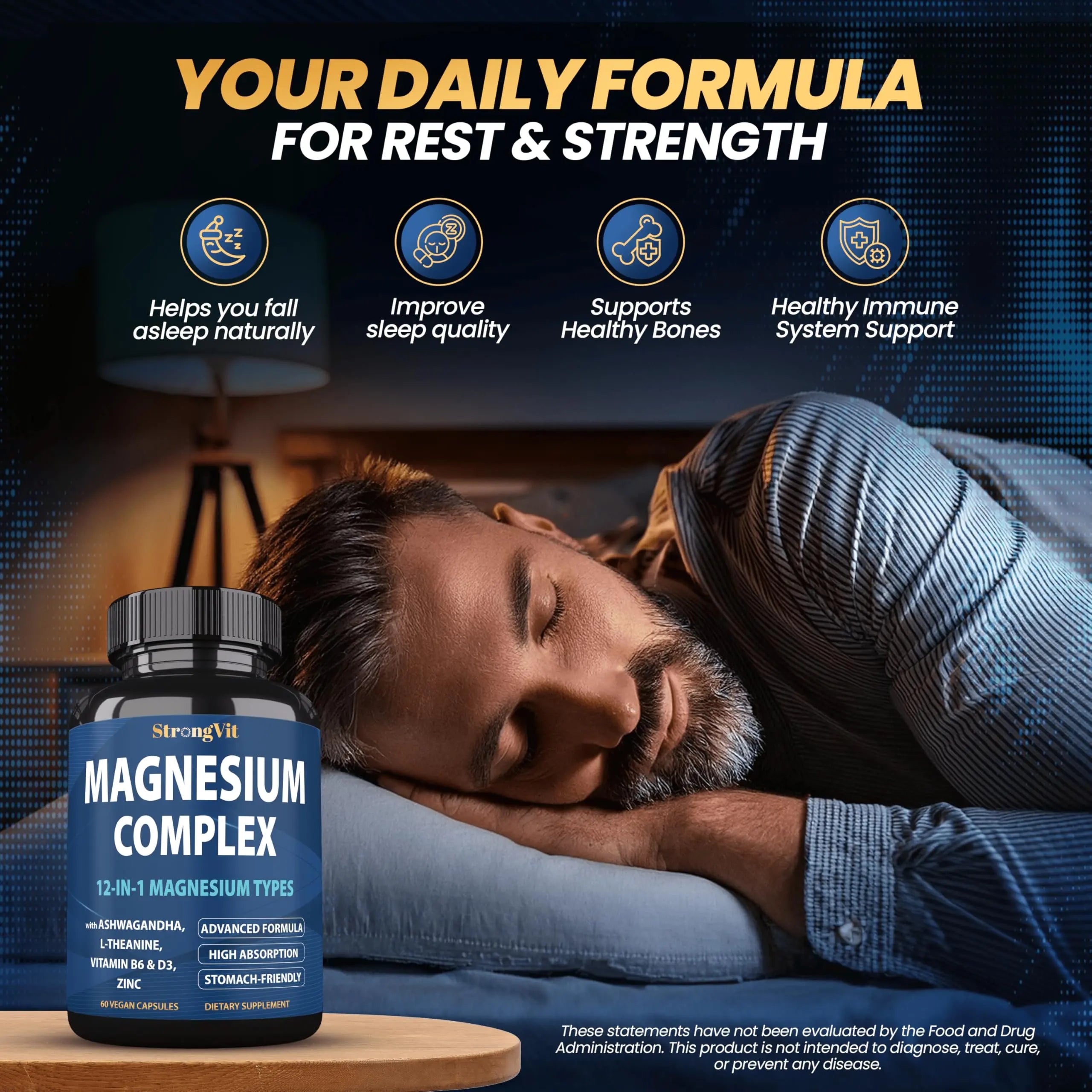 1000mg Magnesium Complex for Women and Men, 12 in 1 Magnesium Supplement with Ashwagandha, Zinc, D3, L-theanine. Easy to Swallow, High Absorption, Sleep Support & Stress Relief (60 Capsules) StrongVitnz supplements