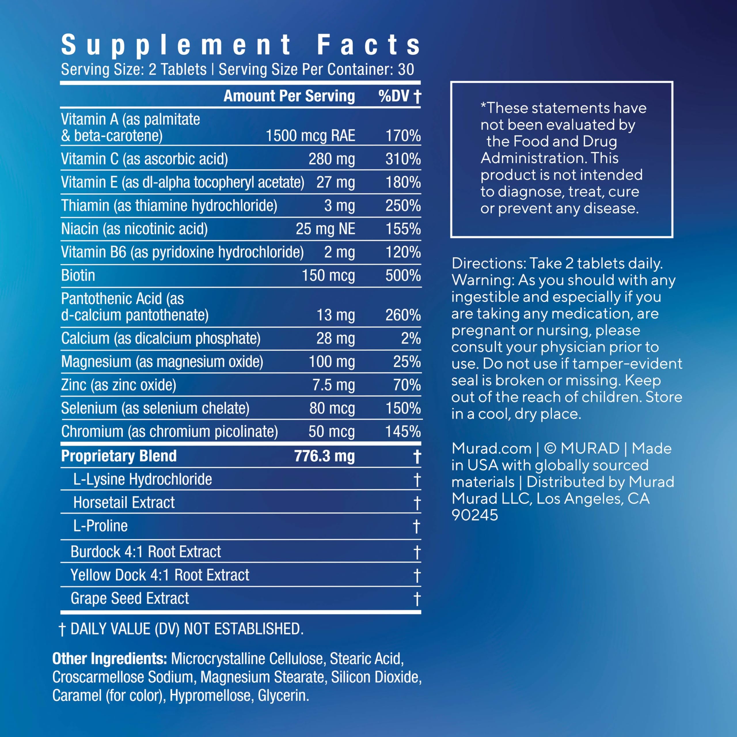 Murad Pure Skin Acne Supplements – 60 Tablets – Clear Skin Support with Blend of Vitamin A & B6, Zinc, Amino Acids, & Burdock Root – Promotes Healthy Skin, Oil Balance, Gut Health & Stress Relief MuradAu supplements