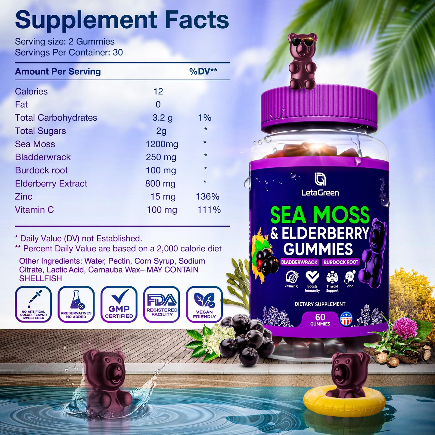LetaGreen Irish Sea Moss Gummies - 60 Vegan Seamoss Gummies Bears LetaGreenUS supplements