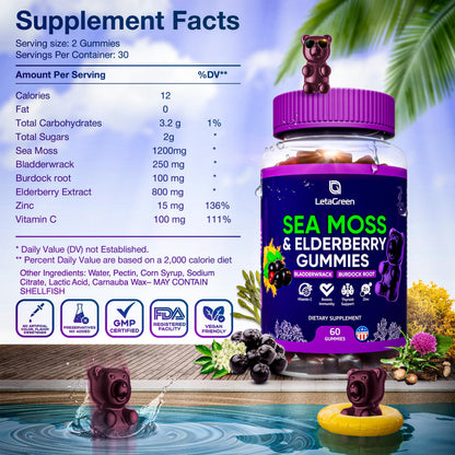 LetaGreen Irish Sea Moss Gummies - 60 Vegan Seamoss Gummies Bears LetaGreenUS supplements