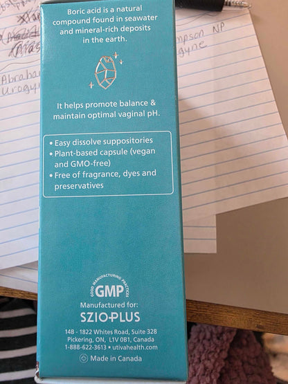 Szio+ Utiva Boric Acid Suppositories for Women - pH Balance - Feminine Care - 600mg Boric Acid to Lower pH and Support Vaginal Health, BV Treatment for Women, 30 Vaginal Suppositories Szio+US supplements