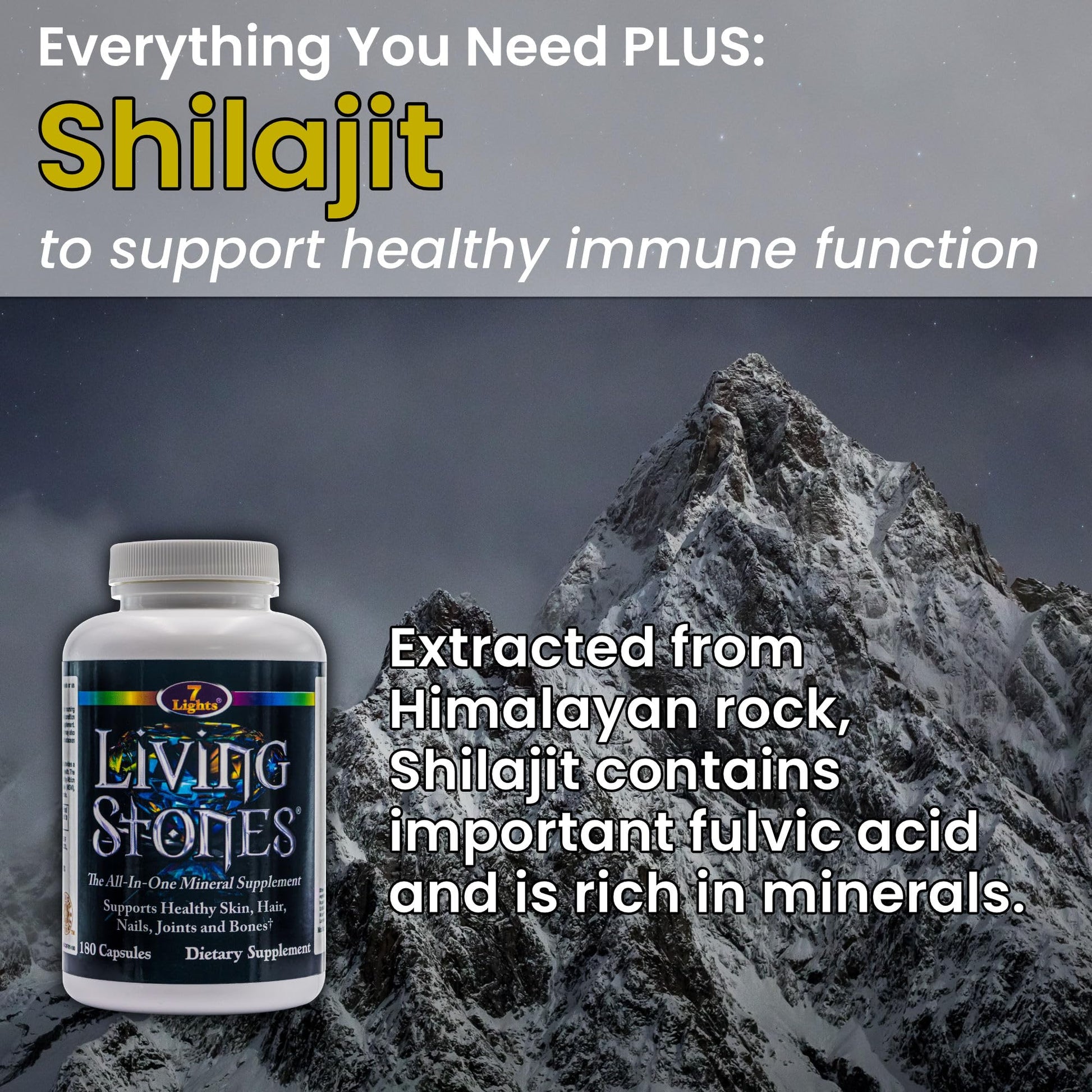 Living Stones, Complete Mineral Supplement with Zinc, Calcium, Magnesium, Selenium, Trace Minerals, No Added Iron, with MSM (Organic Sulfur) and Shilajit, Premium Absorption (30-Day Supply - 180 Caps) 7 LightsAu supplements