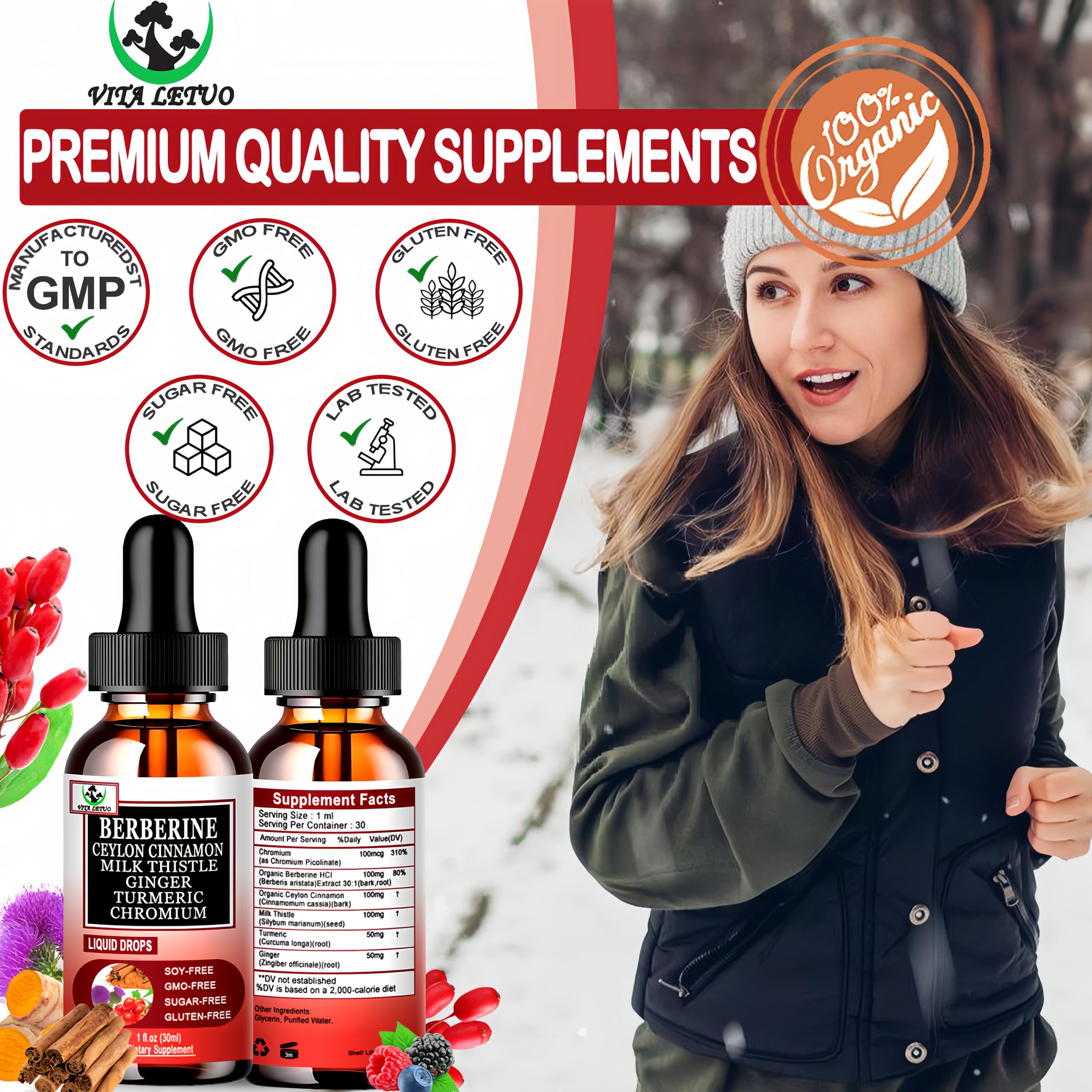 Berberine Drops, High Absorption 6-in-1 Liquid Berberine Supplement with Ceylon Cinnamon Milk Thistle Turmeric, Premium Berberine HCl for Immune Function Metabolic & Digestive Support, 30 Servings Vita letuoAu supplements