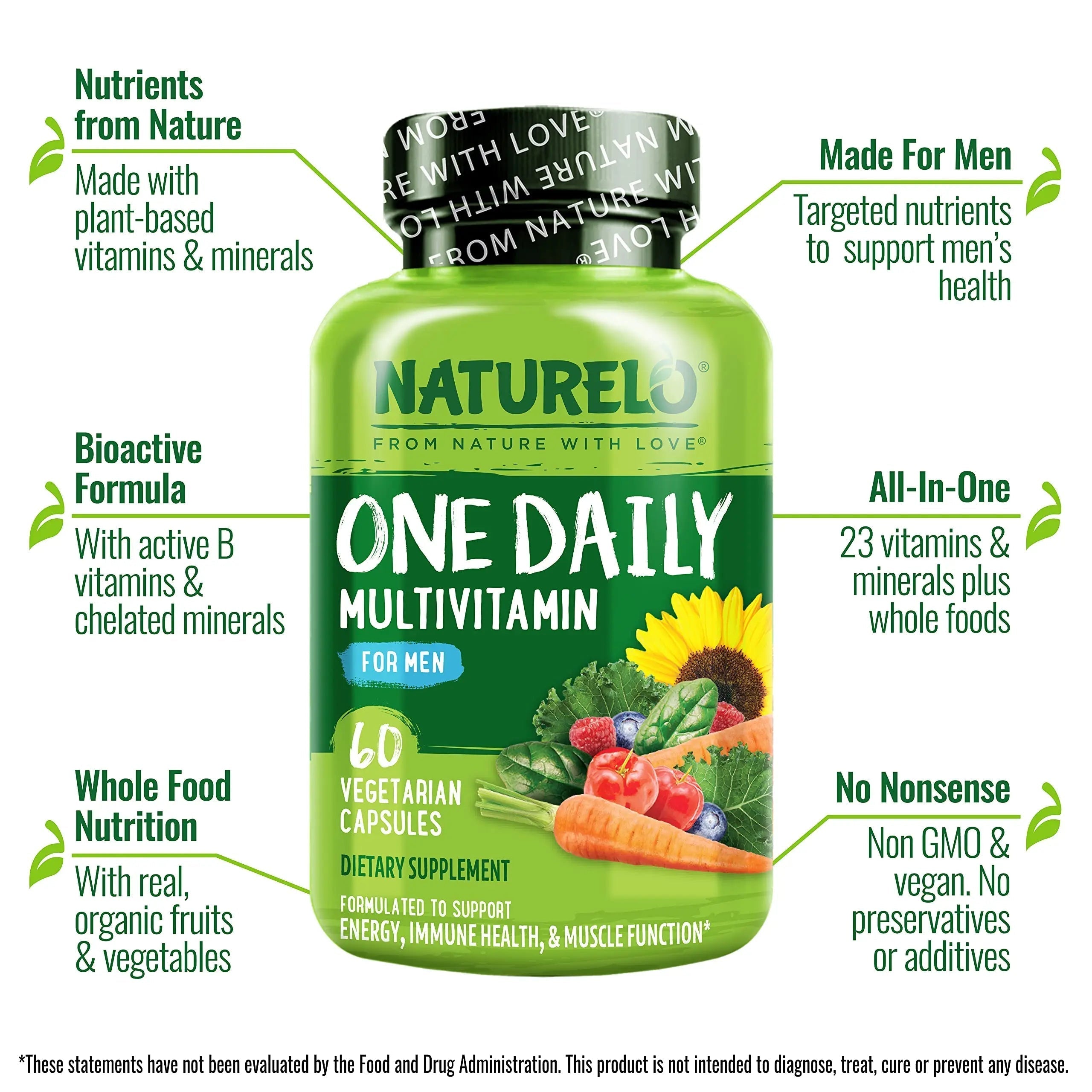 NATURELO One Daily Multivitamin for Men with Vitamins, Minerals & Organic Whole Foods - 60 Capsules and Magnesium Glycinate Chelate Complex NATURELOAu supplements