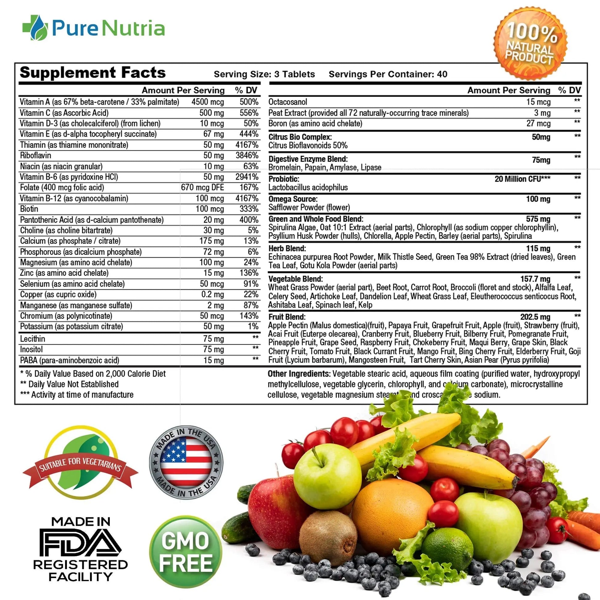 Whole Food MultiVitamin and Minerals with Probiotic Enzymes - 120 Multivitamins for Women and Men - Packed with WholeFood and Herbal Ingredients PureNutriaAu supplements