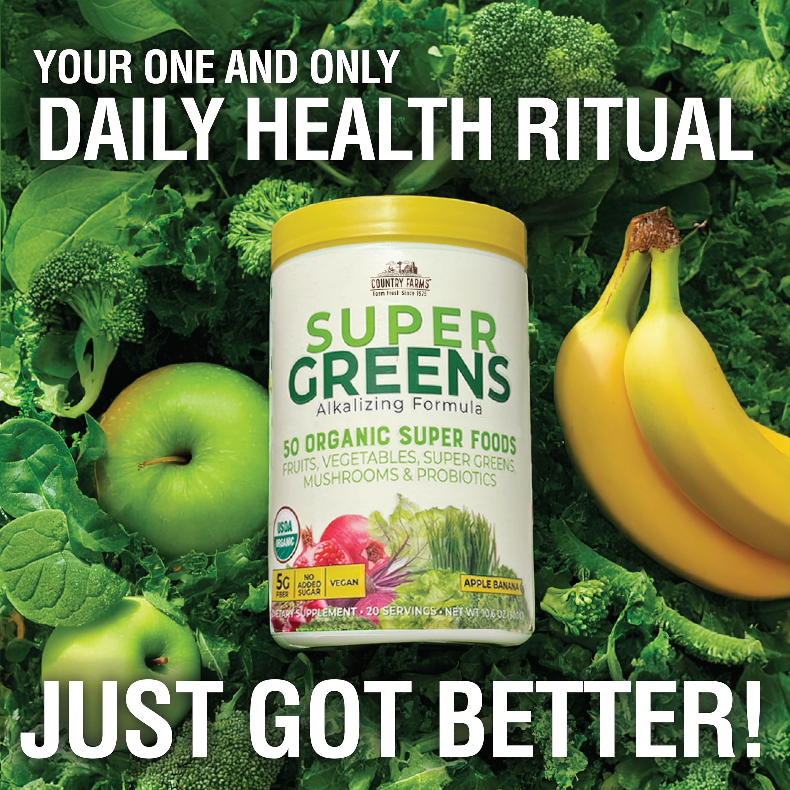 Country Farms Super Greens Apple Banana Powder Smoothie, Organic Super Foods, USDA Organic Drink Mix, Fruits, Vegetables, Mushrooms, Superfood Nutrition, 40 Servings, 2 Pack Country FarmsAu supplements