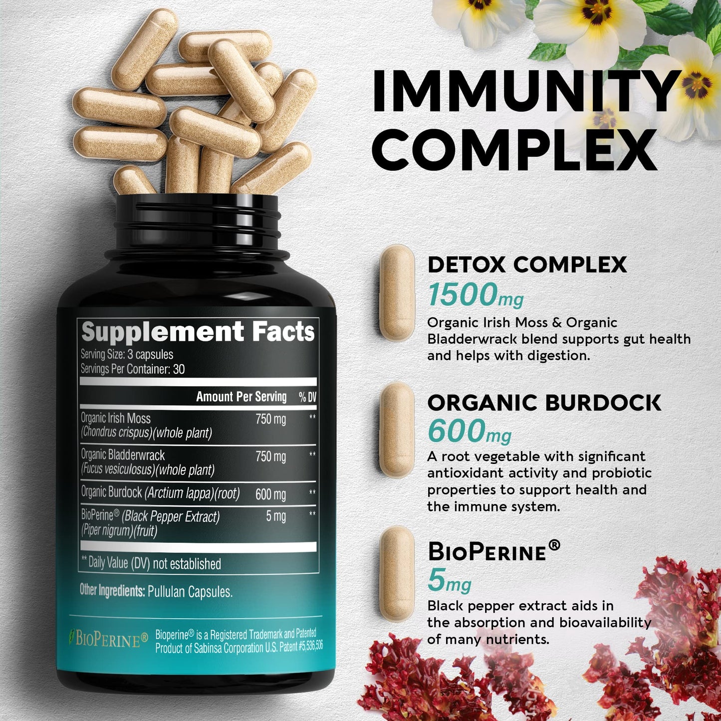 Irish Sea Moss Capsules - Made with Organic Sea Moss, Bladderwrack & Burdock Root - Made in USA - Advanced Superfood - Natural Multi Supplements Blend - Immunity & Energy Support - 90 Vegan Capsules NUTRAHARMONYUS supplements