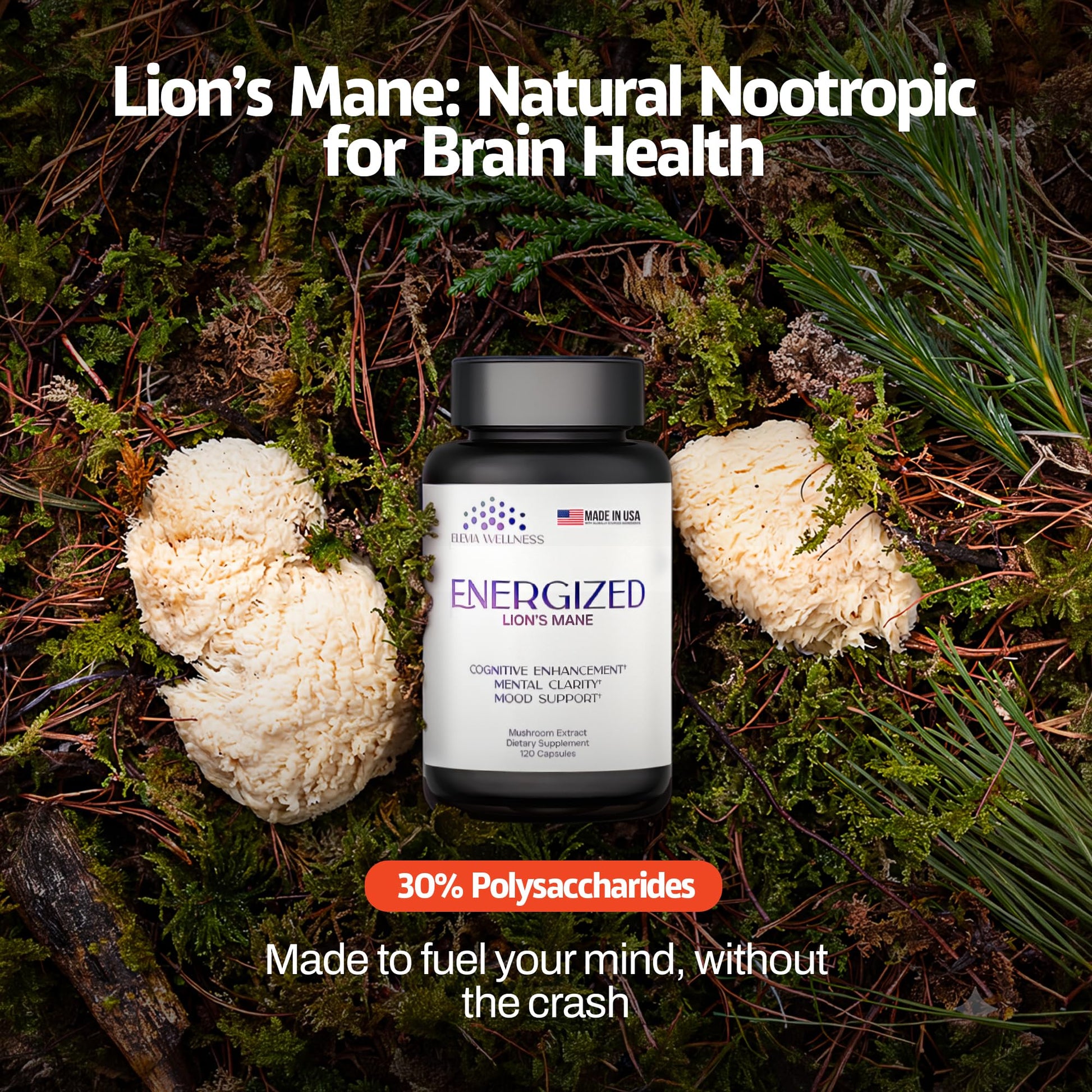 Energized Lions Mane Supplement Capsules (120ct),Brain Supplements for Memory and Focus, Nootropic for Brain Fog Relief Made in USA,30% Polysaccharides,Natural Brain Health Support Elevia WellnessAu supplements