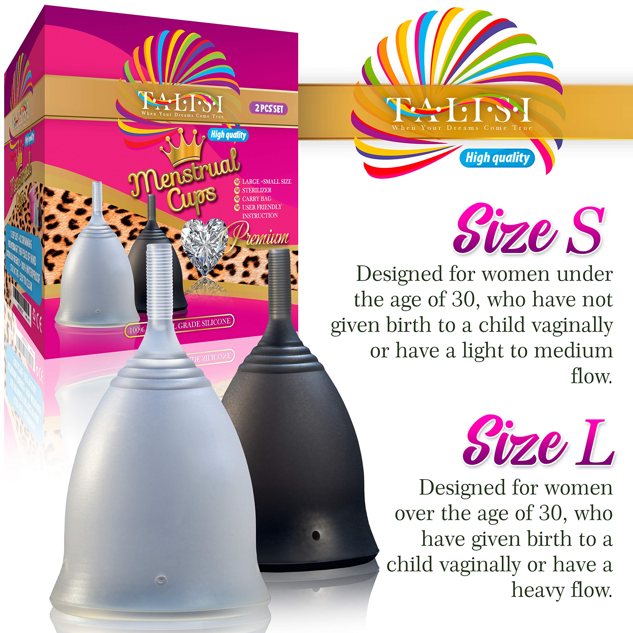 Talisi Soft Menstrual Cups Set of 2 - Reusable Period Cup for Women with Collapsible Case Holder Sterilizer TALISI WHEN YOUR DREAMS COME TRUEAu supplements