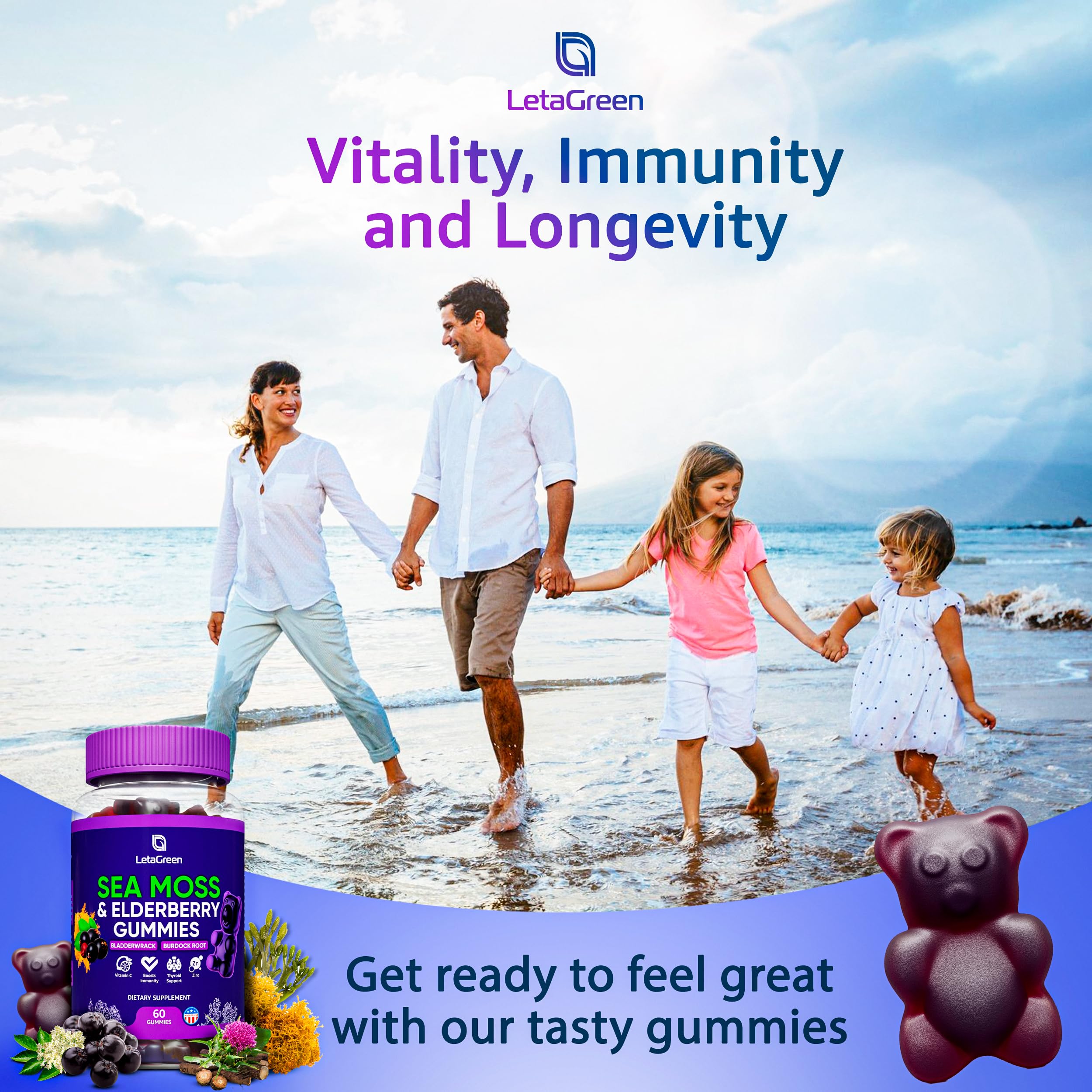 LetaGreen Irish Sea Moss Gummies - 60 Vegan Seamoss Gummies Bears LetaGreenUS supplements
