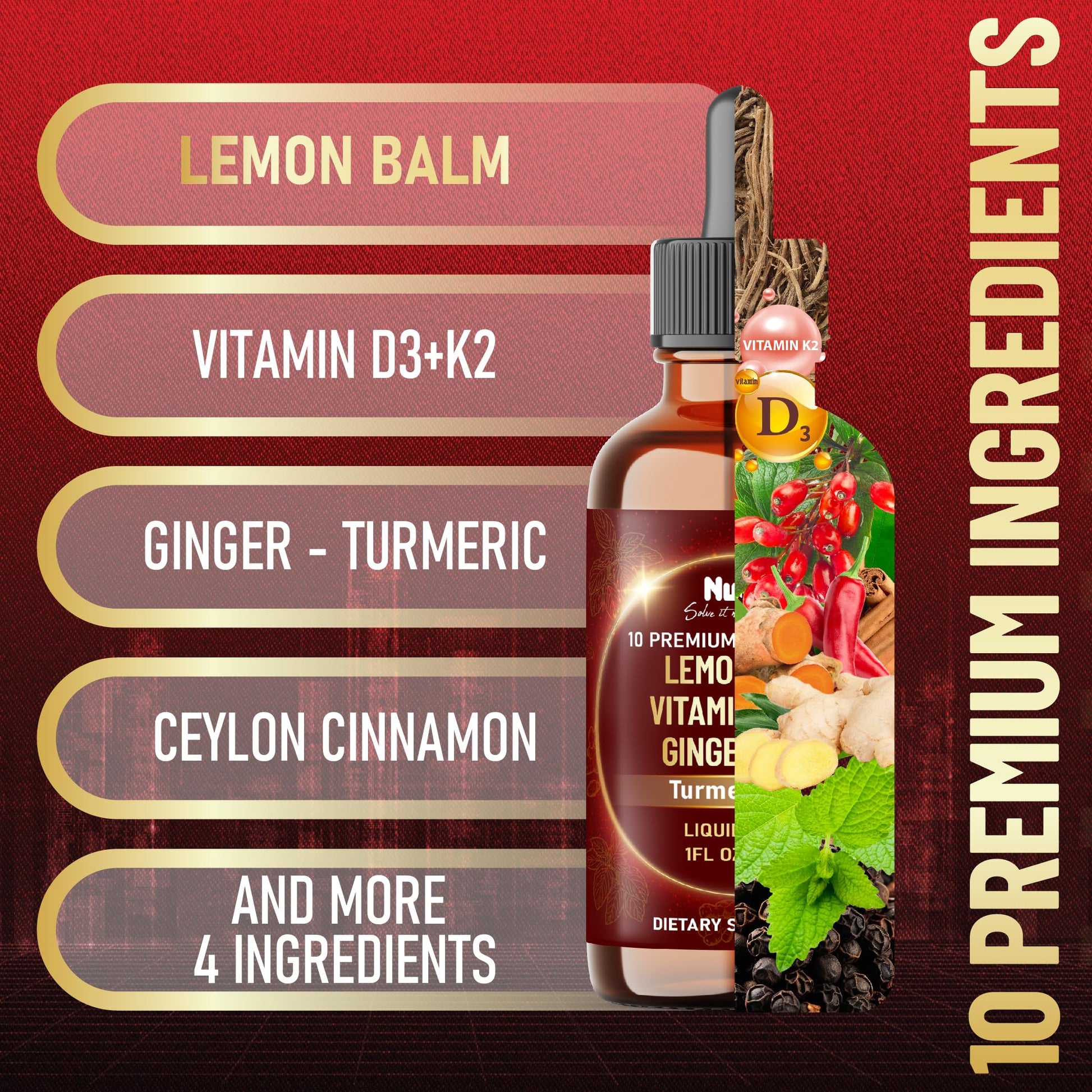 NUQIIT 10in1 Lemon Balm Tincture Blend Includes Vitamin D3, Vitamin K2, Lemon Balm, Ginger, Turmeric, Ceylon Cinnamon and More - 1 FL Oz - 60 Day Supply NUQIITAu supplements