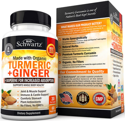 Organic Turmeric Curcumin and Ginger - 95% Standardized Curcuminoids with BioPerine BioSchwartzUS supplements
