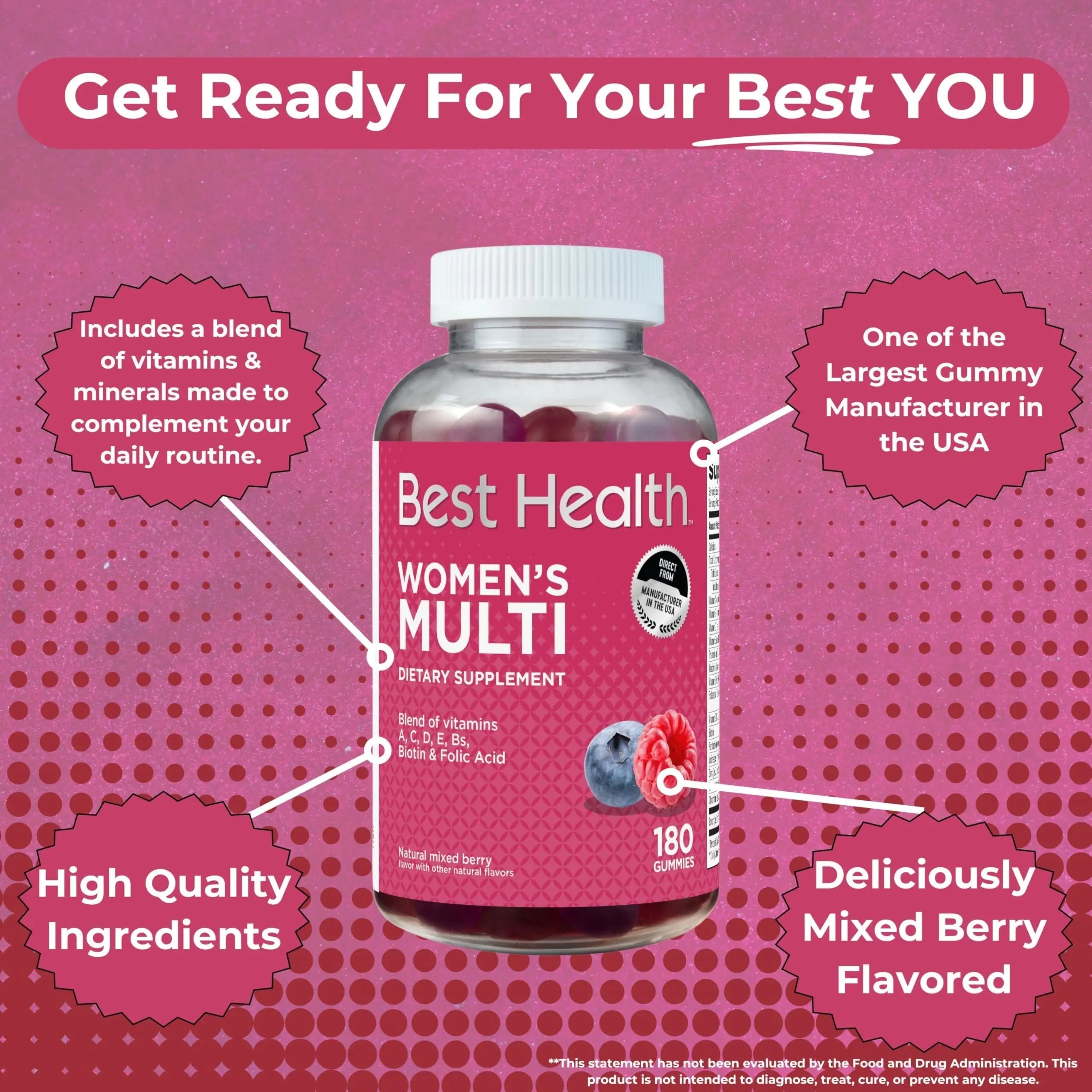 Best Health Women’s Multivitamin Gummies, Multivitamin for Women with Biotin, Folic Acid, Vitamins A,C,D,E,Natural Mixed Berry Flavor (180ct) Best HealthAu supplements