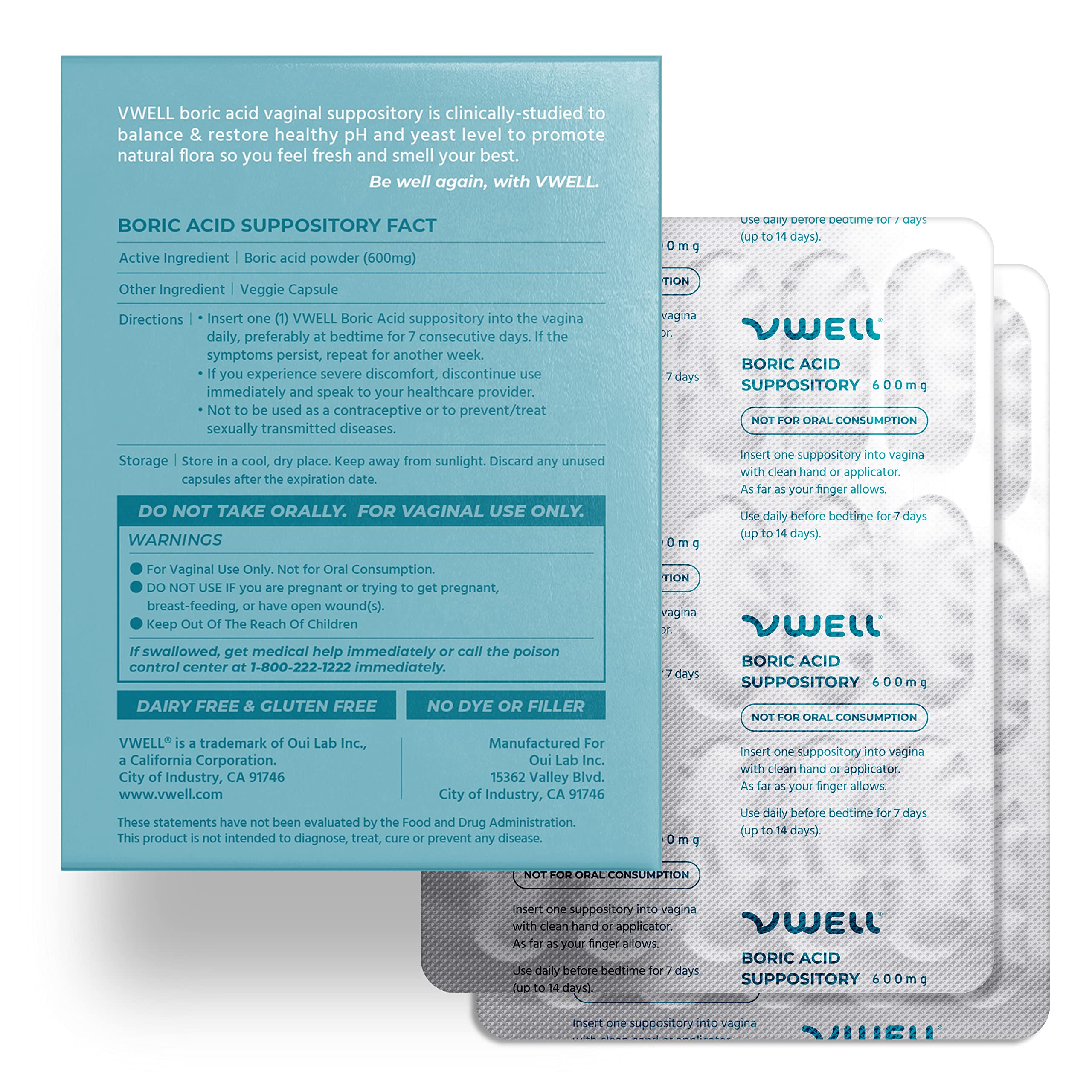 VWELL Boric Acid Vaginal Suppositories - Homeopathic Solution Maintains and Balances Healthy Vaginal pH & Microbiome Intimacy - Doctors Recommended (One Size, 30, Count) VWELLUS supplements