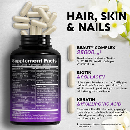 Biotin | Collagen | Keratin | Hyaluronic Acid - Hair Growth Support Pills, 25000 mcg NUTRAHARMONYUS supplements