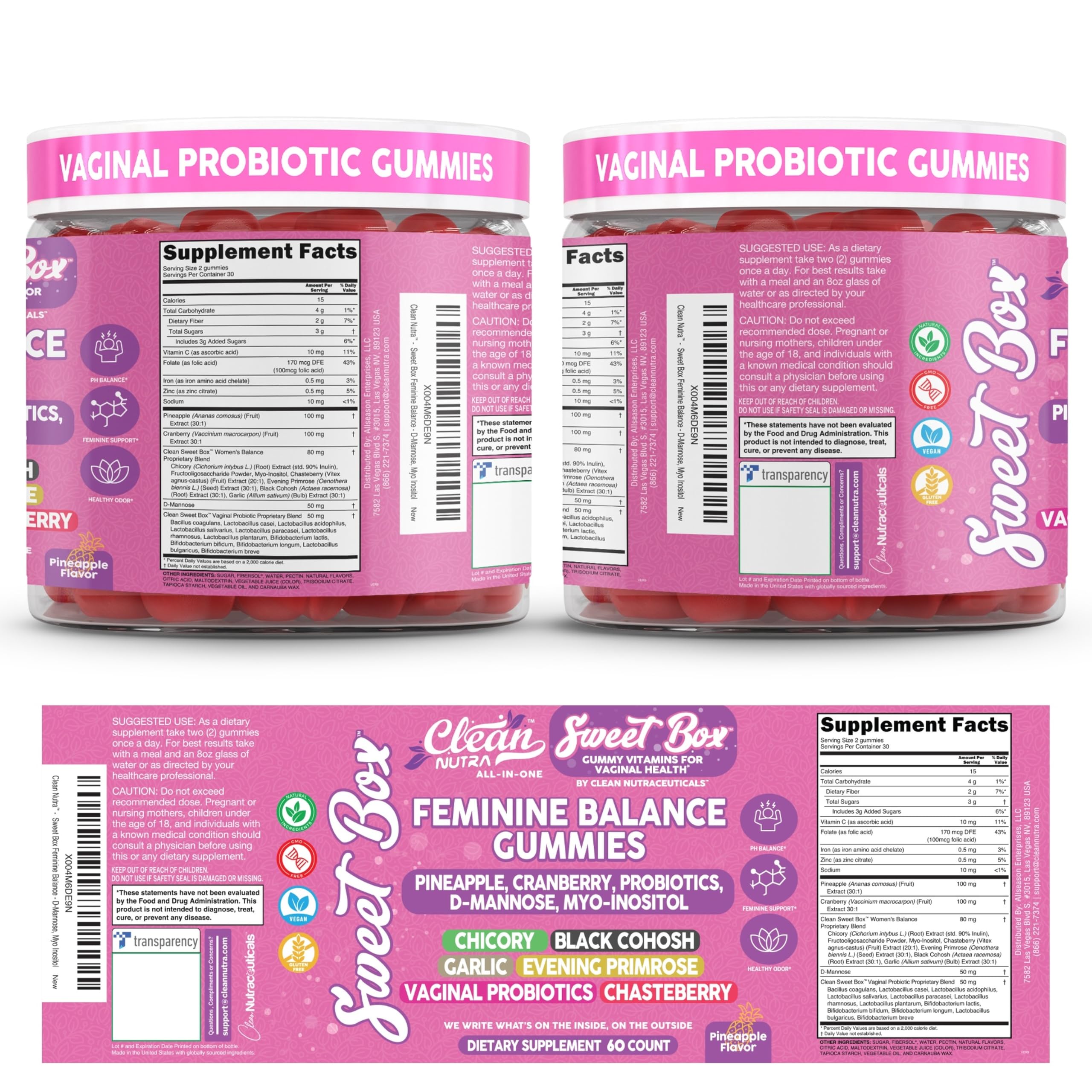 Clean Nutra Feminine Balance Gummies for Women Pineapple VaginalProbiotics pH Balance Cranberry D Mannose Supplement Inositol Black Cohosh Evening Primrose Garlic Vitex GLA Prebiotics Folate 60ct Clean NutraceuticalsAu supplements
