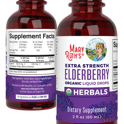 MaryRuth Organics Elderberry Syrup Extra Strength, USDA Organic Elderberry, Sugar Free Adults & Kids Immune Support Supplement for Ages 1+, Clean Label Project Verified®, Vegan, Gluten Free, 2 Fl Oz MARYRUTH'SUS supplements