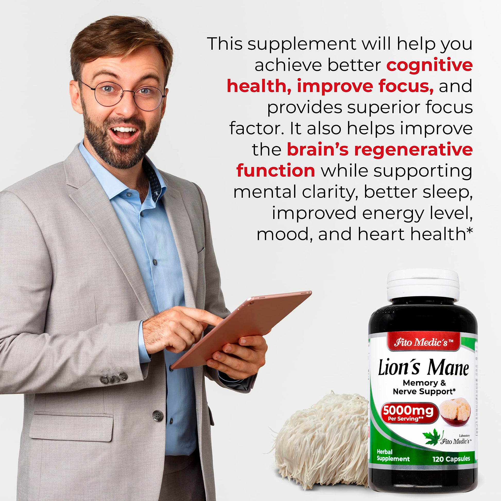Lab | Lions Mane | 5000 mg per Serving | 120 Capsules | lions mane supplement | lions mane FITO MEDIC'SAu supplements