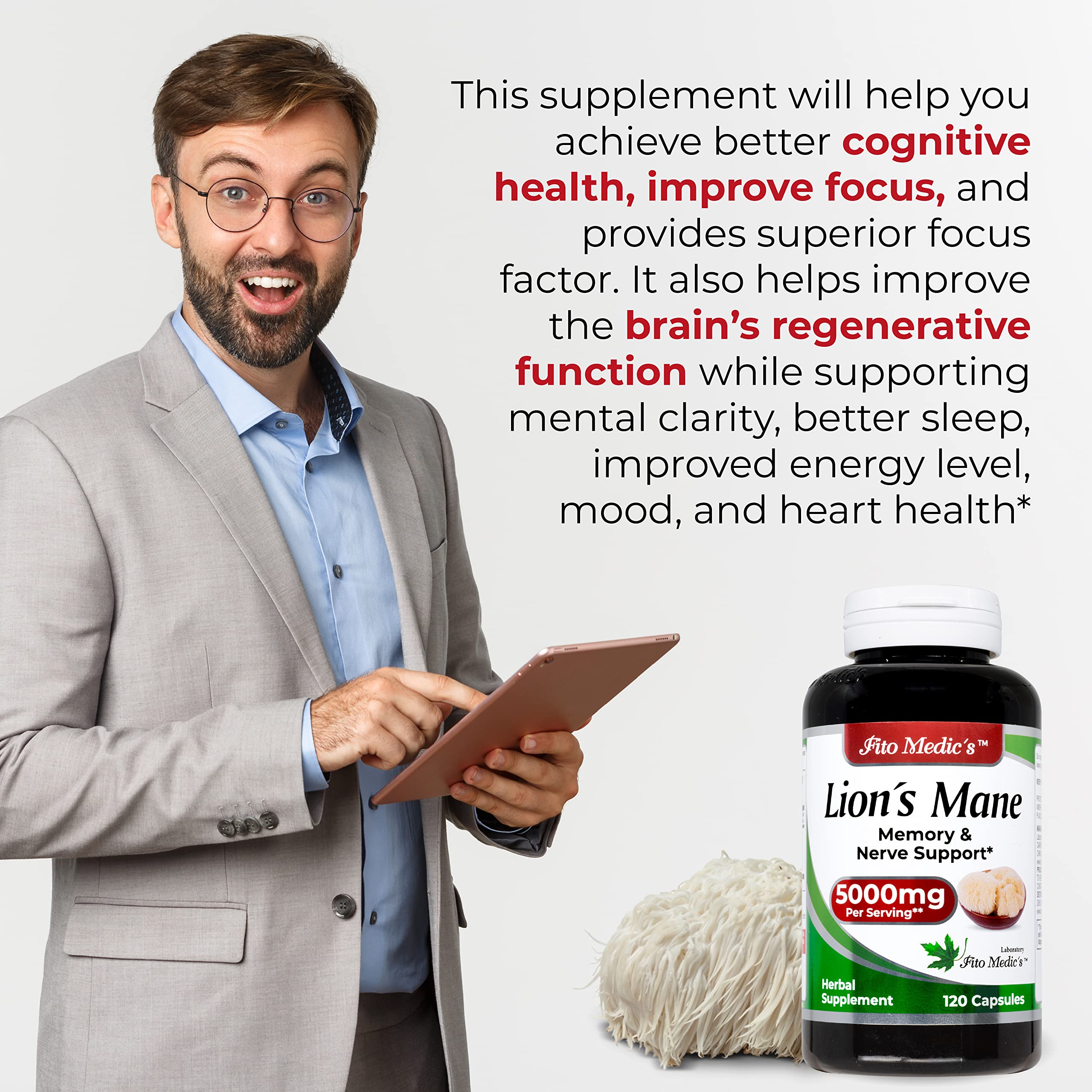 Lab | Lions Mane | 5000 mg per Serving | 120 Capsules | lions mane supplement | lions mane FITO MEDIC'SAu supplements