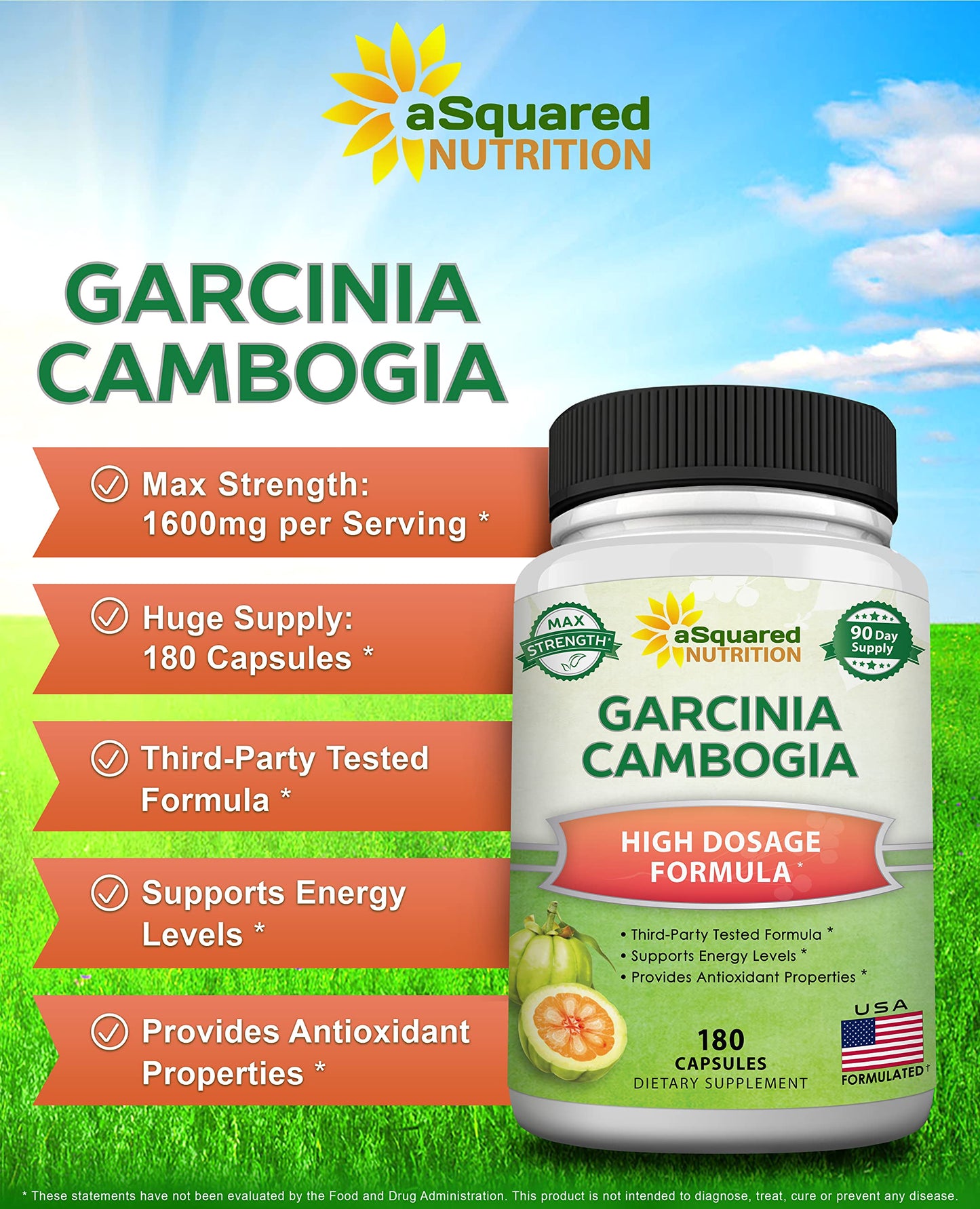 aSquared Nutrition Garcinia Cambogia 1600mg-180 Capsules-Natural Pure Extract Pills aSquared NutritionUS supplements