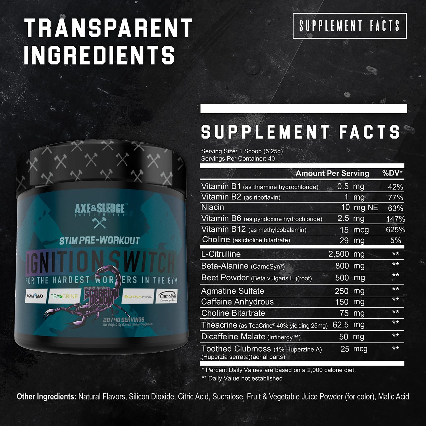 Ignition Switch Pre-Workout with CarnoSyn, TeaCrine, Infinergy, and AgmaMax, Long Lasting Axe & SledgeUS supplements