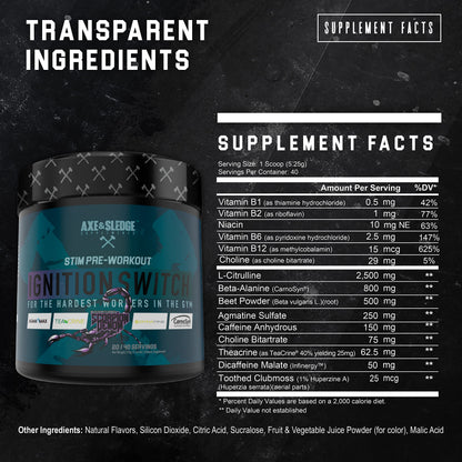 Ignition Switch Pre-Workout with CarnoSyn, TeaCrine, Infinergy, and AgmaMax, Long Lasting Axe & SledgeUS supplements