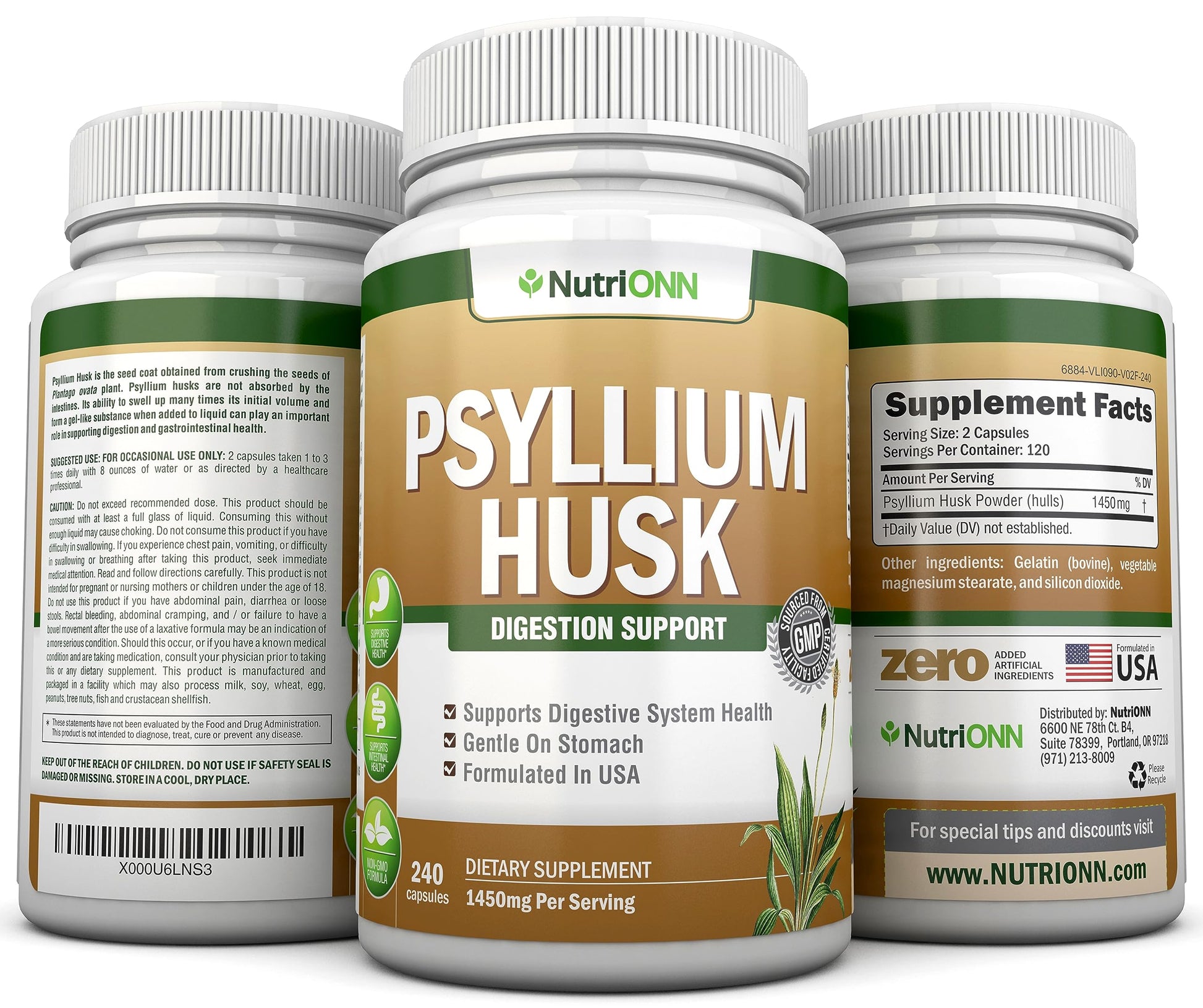 NutriONN PSYLLIUM Husk Capsules - 1450mg Per Serving - 240 Capsules - Double Strength NutriONNAu supplements