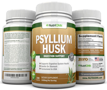 NutriONN PSYLLIUM Husk Capsules - 1450mg Per Serving - 240 Capsules - Double Strength NutriONNUS supplements