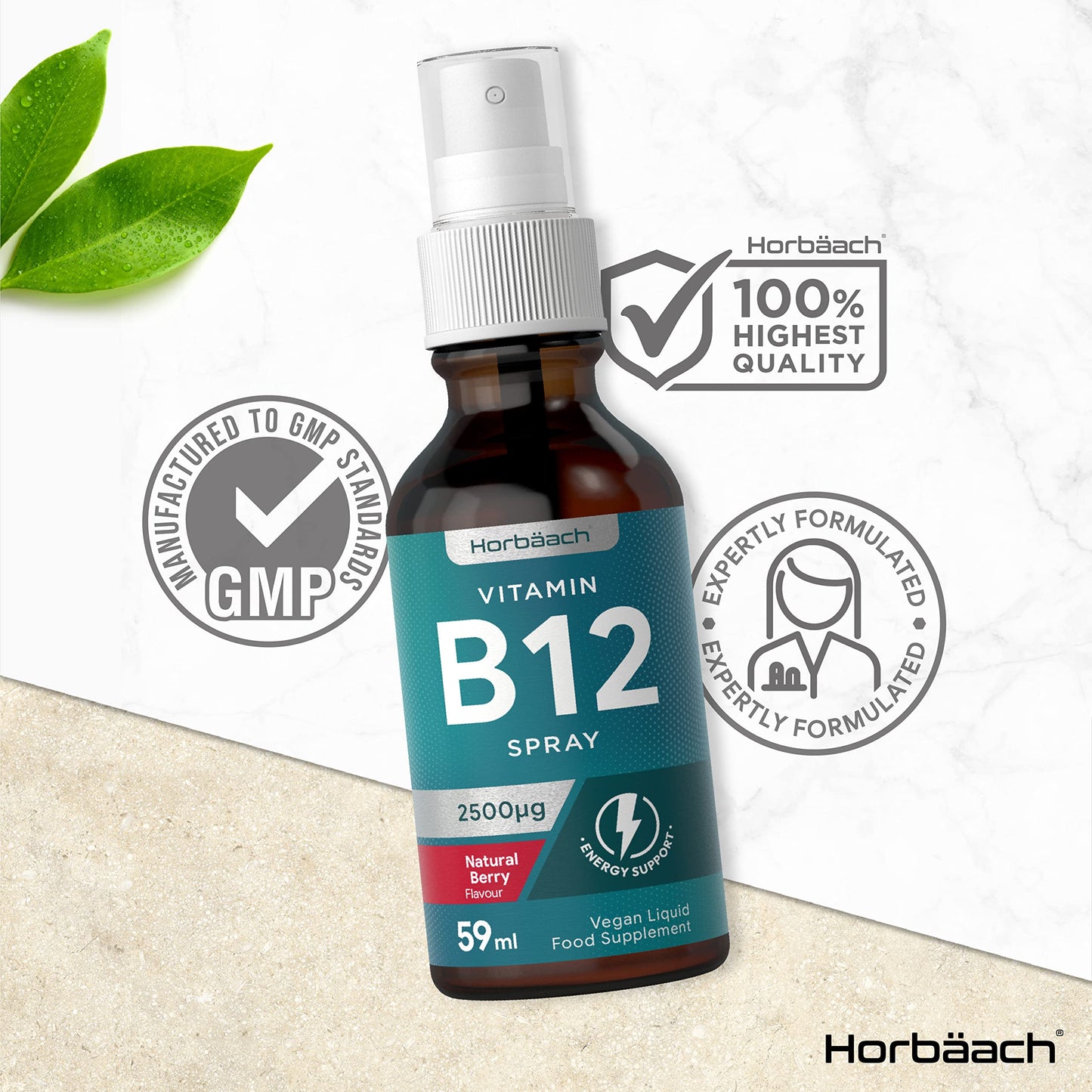 Vitamin B12 Spray 2500mcg | 59ml | High Strength Supplement | Natural Berry Flavour HorbäachUS supplements