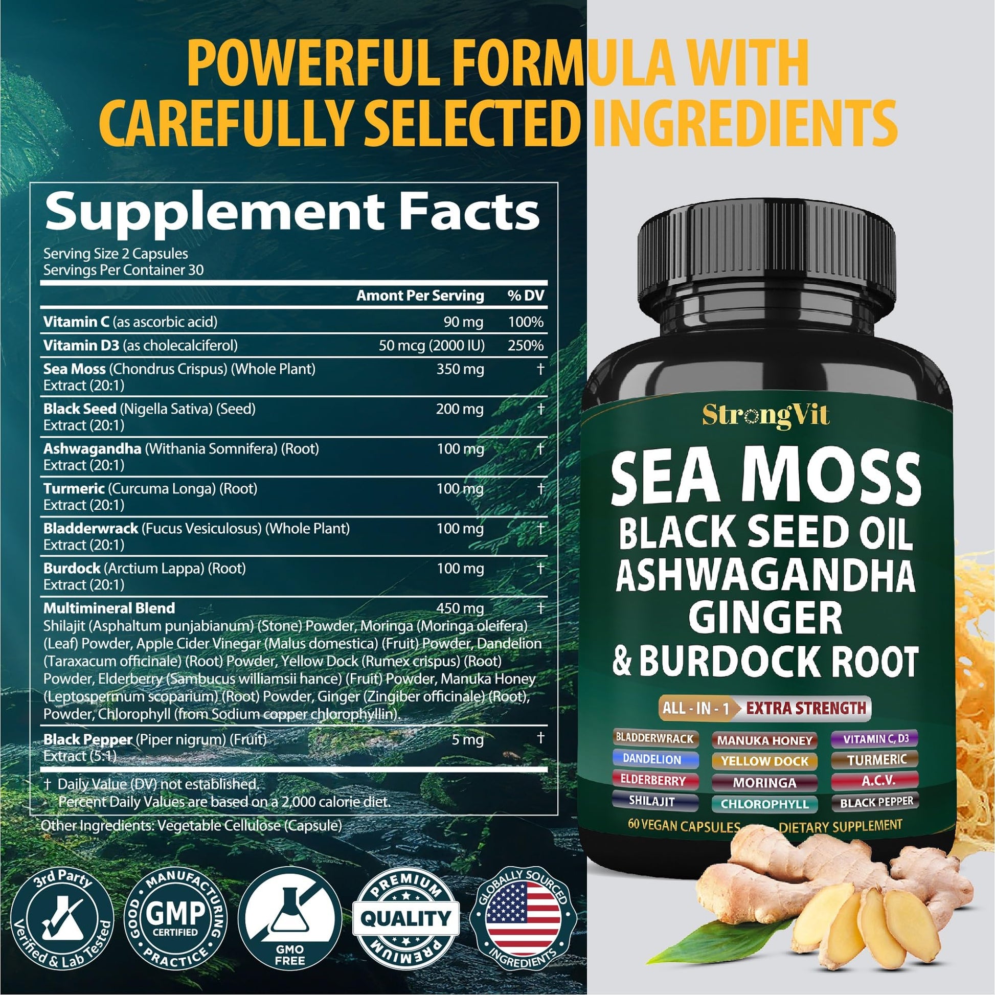 StrongVit Sea Moss Black Seed Oil Ashwagandha Ginger, Organic Sea Moss Capsules with Burdock Root, Irish Seamoss Pills with Bladderwrack, Advanced Multimineral Supplement, USA StrongVitAu supplements