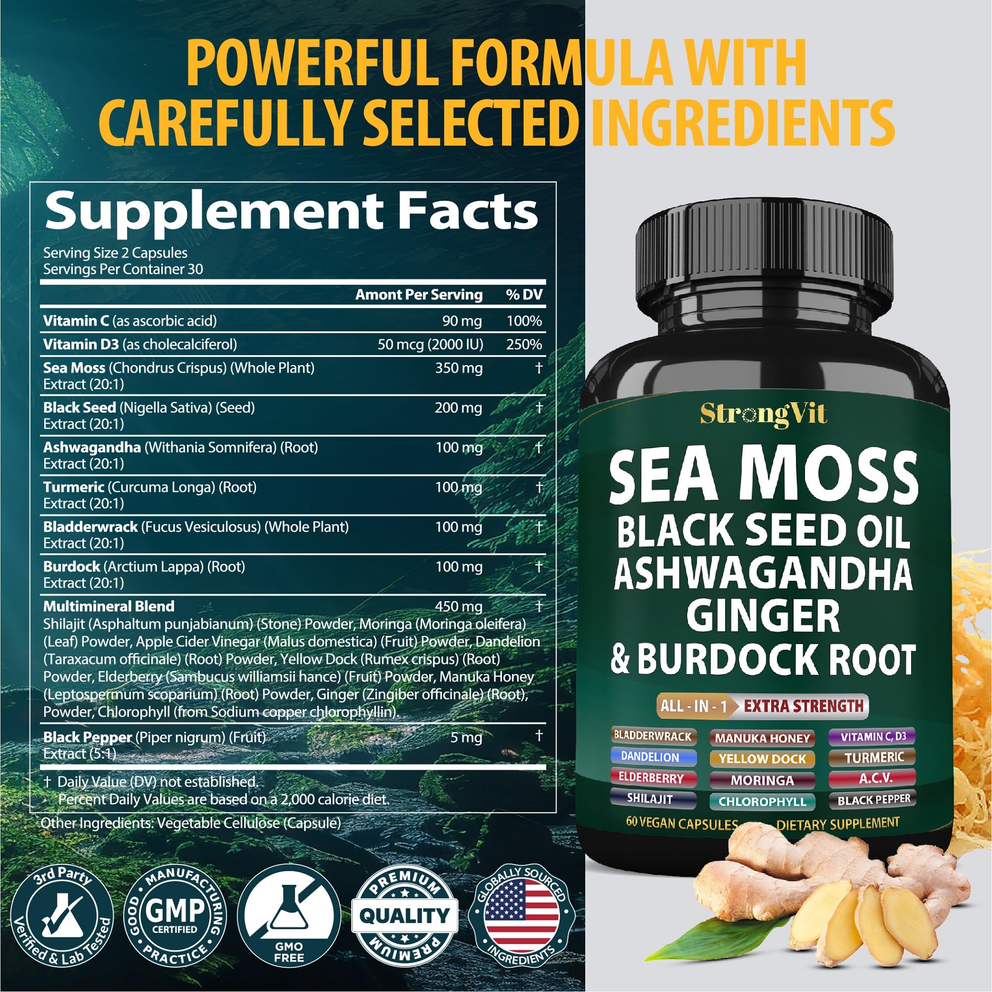 StrongVit Sea Moss Black Seed Oil Ashwagandha Ginger, Organic Sea Moss Capsules with Burdock Root, Irish Seamoss Pills with Bladderwrack, Advanced Multimineral Supplement, USA StrongVitAu supplements