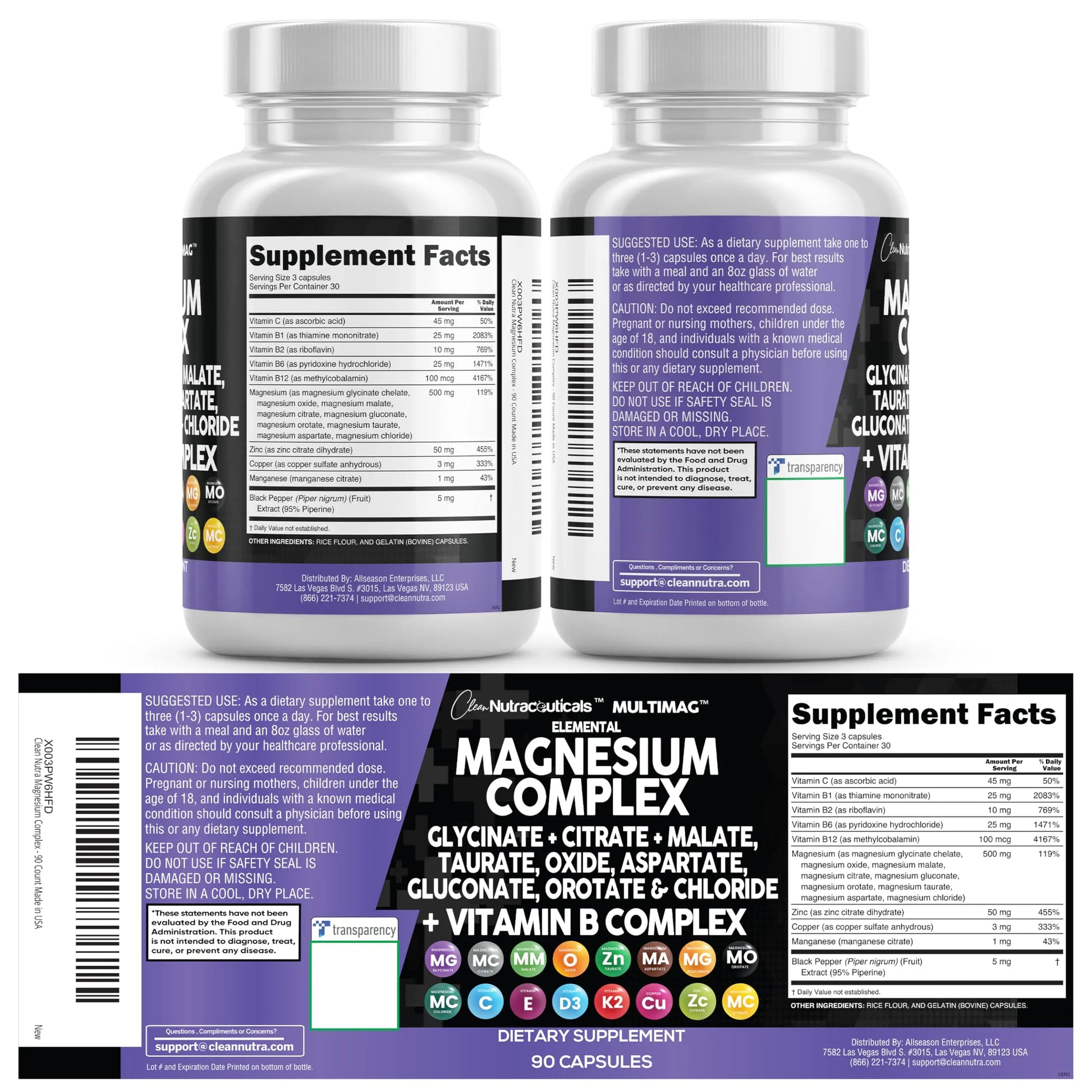 Clean Nutraceuticals Magnesium Complex with Magnesium Glycinate Citrate Malate Oxide Taurate Aspartate Orotate & Mag Chloride, Zinc Copper Manganese (90 Count (Pack of 2)) Clean Nutraceuticalsnz supplements