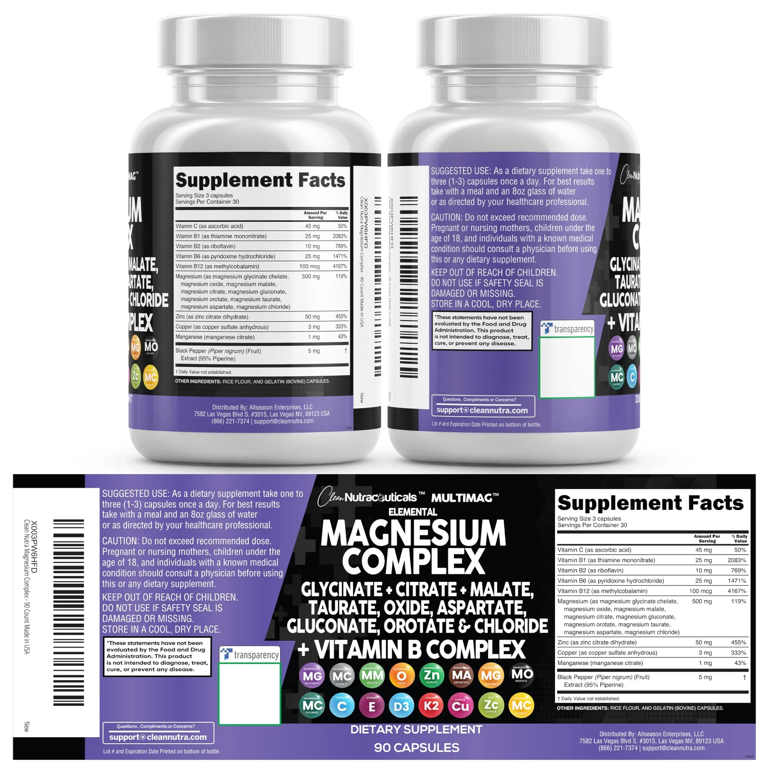 Clean Nutraceuticals Magnesium Complex with Magnesium Glycinate Citrate Malate Oxide Taurate Aspartate Orotate & Mag Chloride, Zinc Copper Manganese (90 Count (Pack of 2)) Clean Nutraceuticalsnz supplements