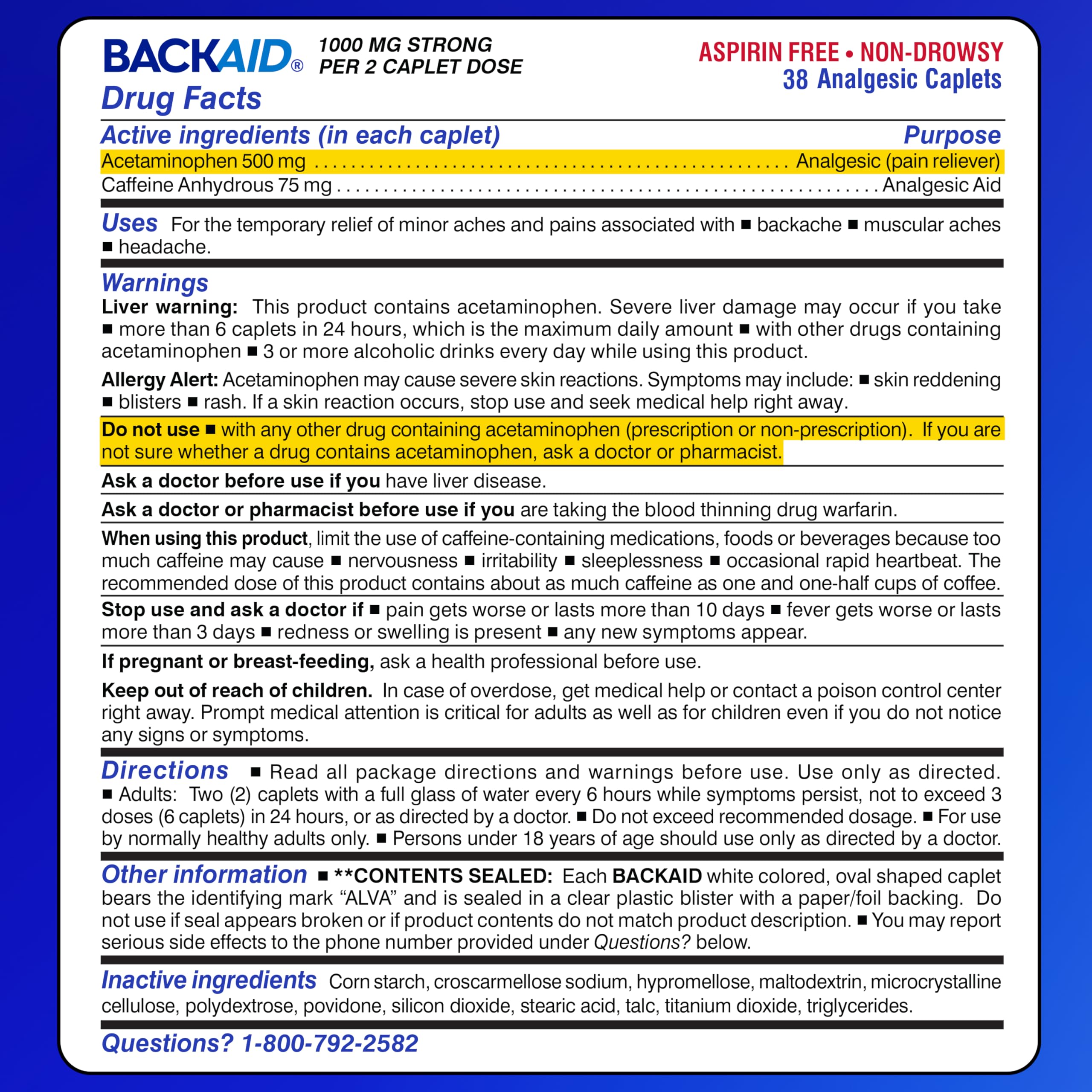 Backaid Maximum Strength Aspirin-Free Pain Relief from Backache, Sciatica and Leg Pain, Powerful Combination, Long-Lasting 6 Hour Formula, 38 Count BackaidAu supplements