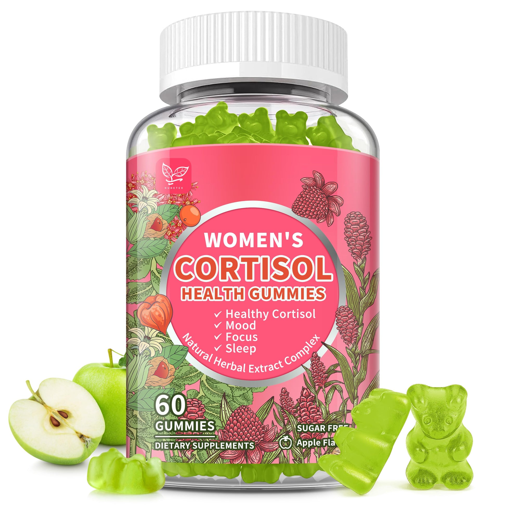 Cortisol Gummies for Women,Cortisol Manager with Ashwagandha,Magnesium,L-theanine,Phosphatidylserine,Rhodiola Rosea,Black Pepper for Mood Support,Adrenal Balance,Sleep,Vegan,Apple Flavor,60 Count HudetexAu supplements