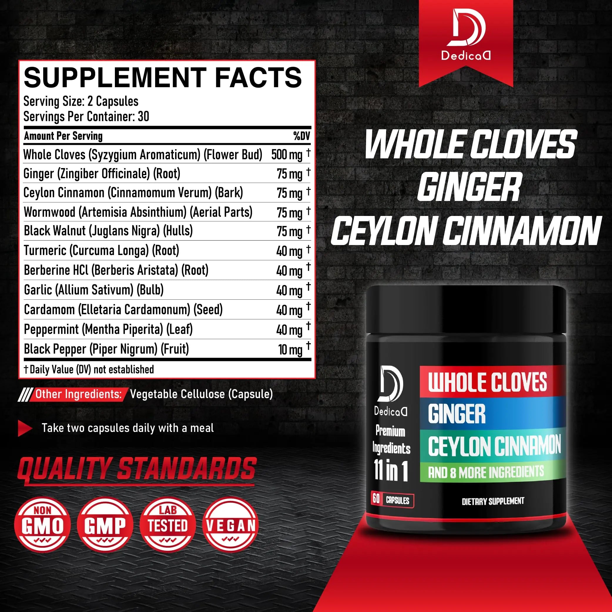 DEDICAD 11in1 Cloves Supplement with Ginger, Ceylon Cinnamon and 8 Other More - Digestive, Immune System, Mood Support - 60 Capsules - 30 Days Supply DEDICADnz supplements