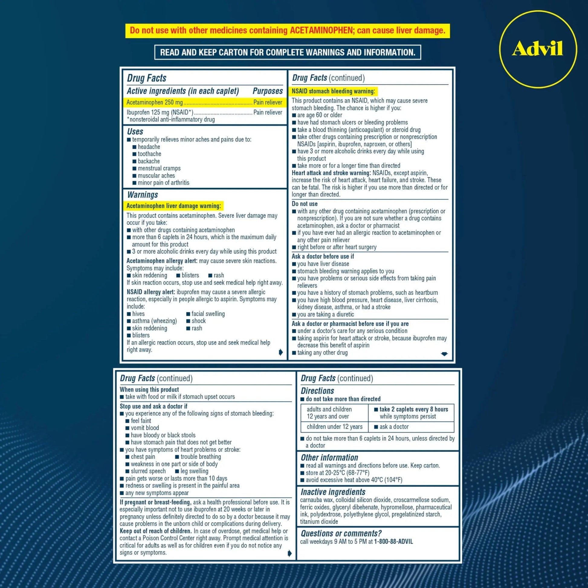 Advil Dual Action Coated Caplets with Acetaminophen, 250 Mg Ibuprofen and 500 Mg Acetaminophen Per Dose (2 Dose Equivalent) for 8 Hour Pain Relief - 72 Count AdvilAu supplements