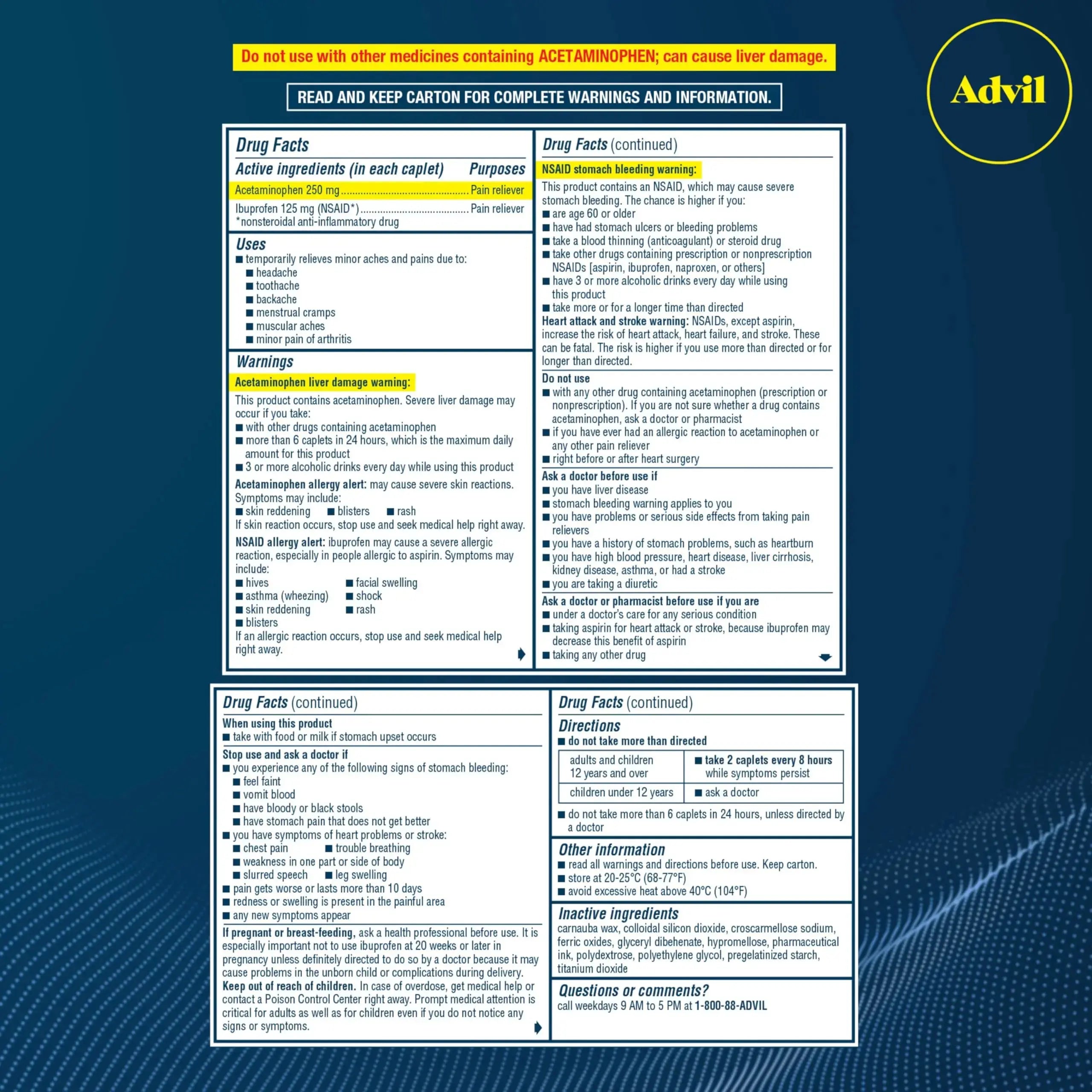 Advil Dual Action Coated Caplets with Acetaminophen, 250 Mg Ibuprofen and 500 Mg Acetaminophen Per Dose (2 Dose Equivalent) for 8 Hour Pain Relief - 72 Count AdvilAu supplements