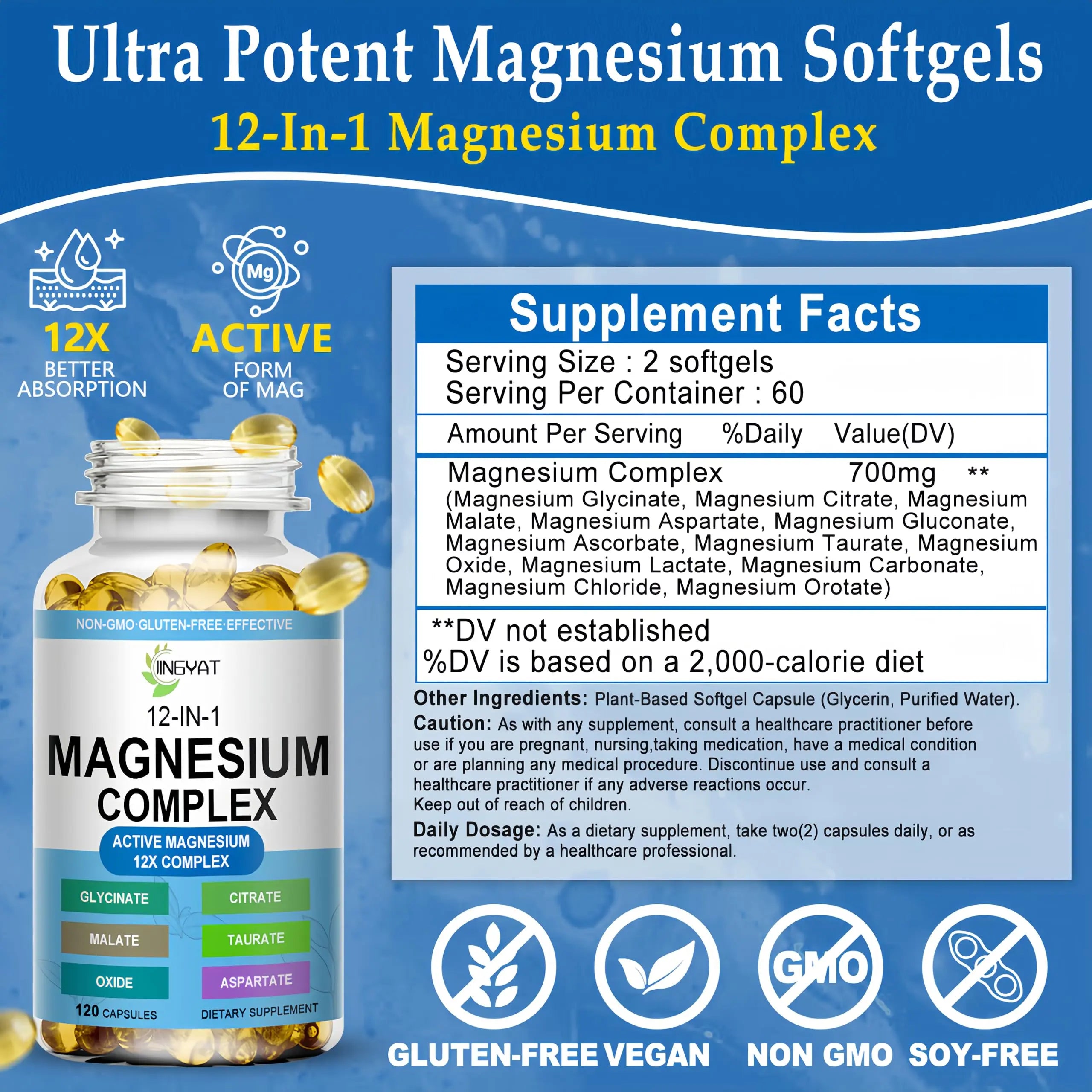 Magnesium Complex Softgels - 12-in-1 Magnesium Supplement with Glycinate,Citrate,Malate,Oxide,Taurate - High Absorption Magnesium Complex for Women & Men for Muscle, Heart, Sleep, Bone, Nerve Support JINGYATnz supplements