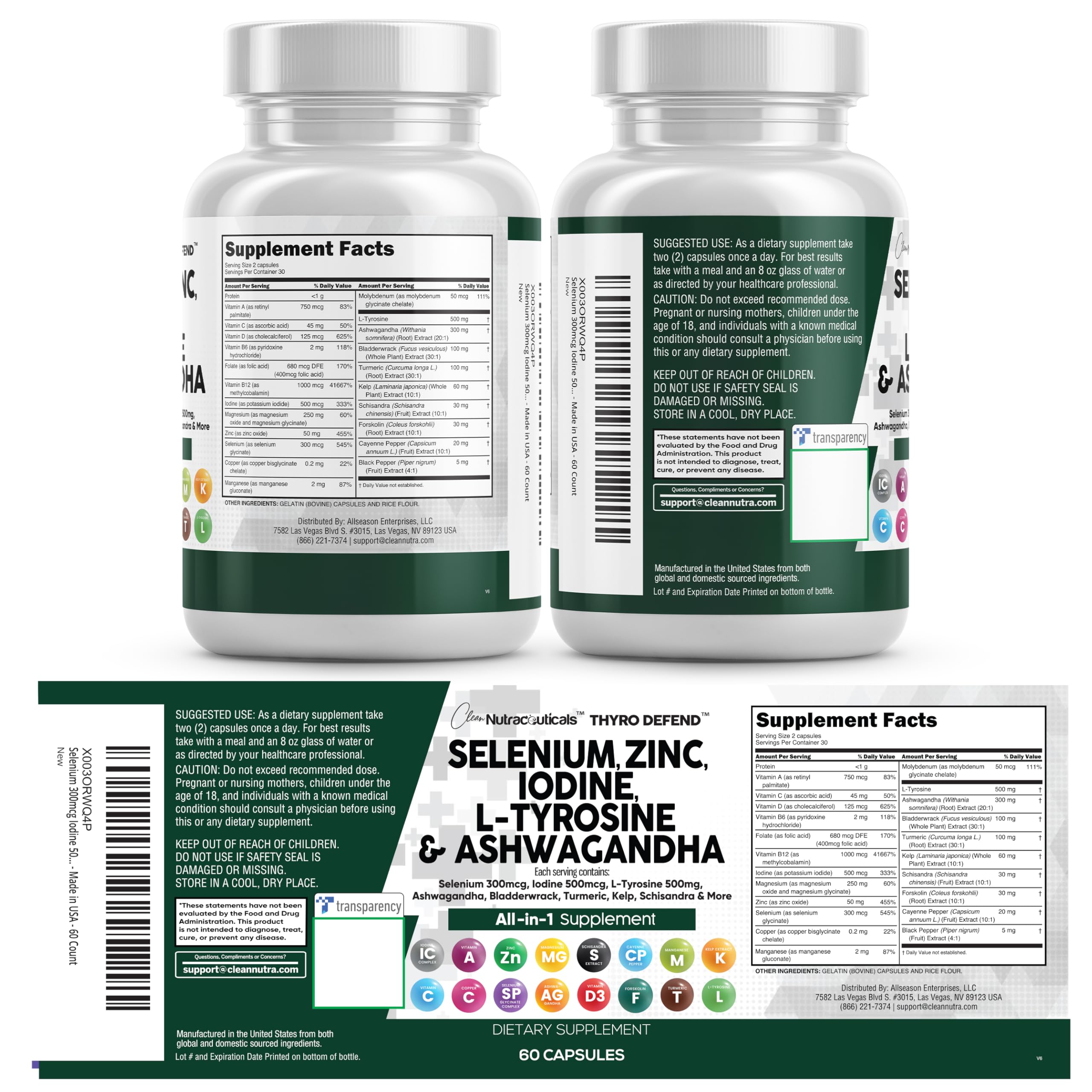 Clean Nutra Selenium 300mcg Iodine 500mcg Thyroid Support for Women & Men | L Tyrosine 500mg Ashwagandha Supplement Bladderwrack, Turmeric, Kelp, Schisandra Zinc Pills Capsule Supplements Clean NutraceuticalsAu supplements