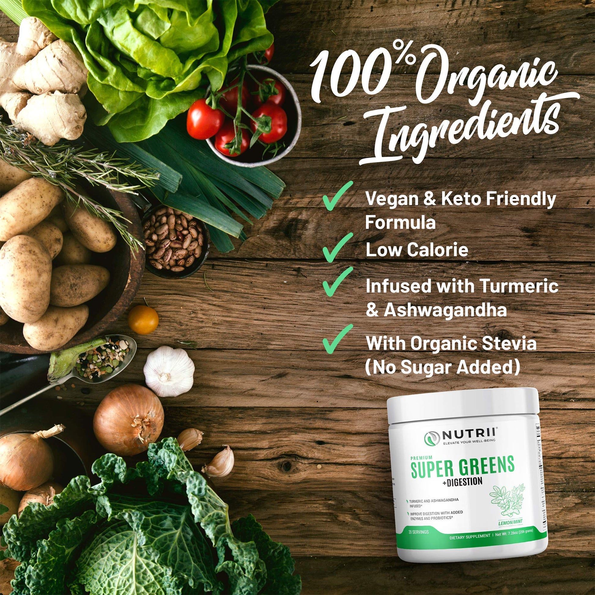 Nutrii Organic Green Immunity Superfood Powder - Soothes Digestion, Boosts Healthy Vitality and Energy. Fast Acting Formula with Probiotics, Enzymes, Turmeric and Ashwagandha (30 Servings Lemon-Mint) NutriiAu supplements