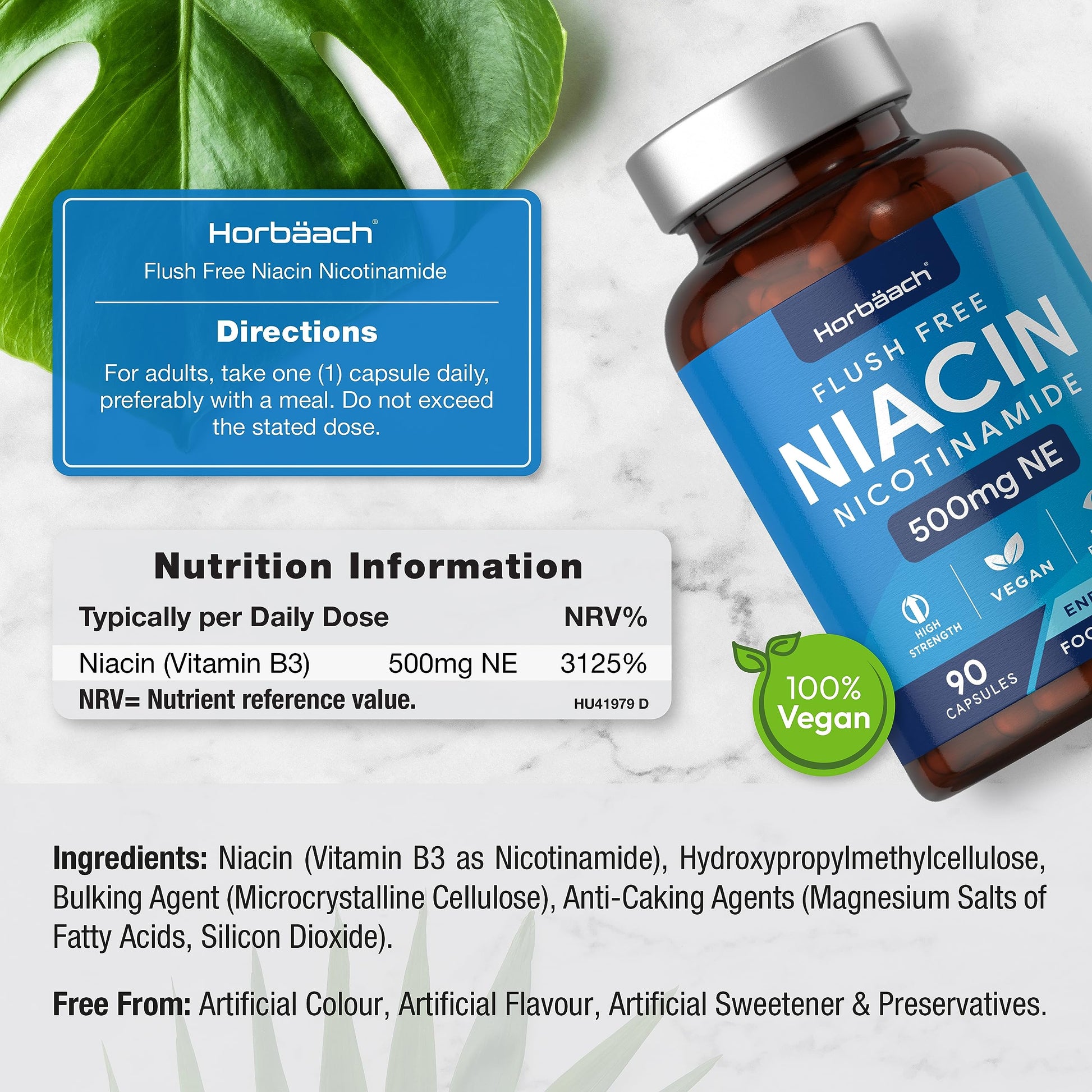 Vitamin B3 Niacin 500mg | 90 Vegan Capsules | Flush Free Nicotinamide Supplement HorbäachUS supplements