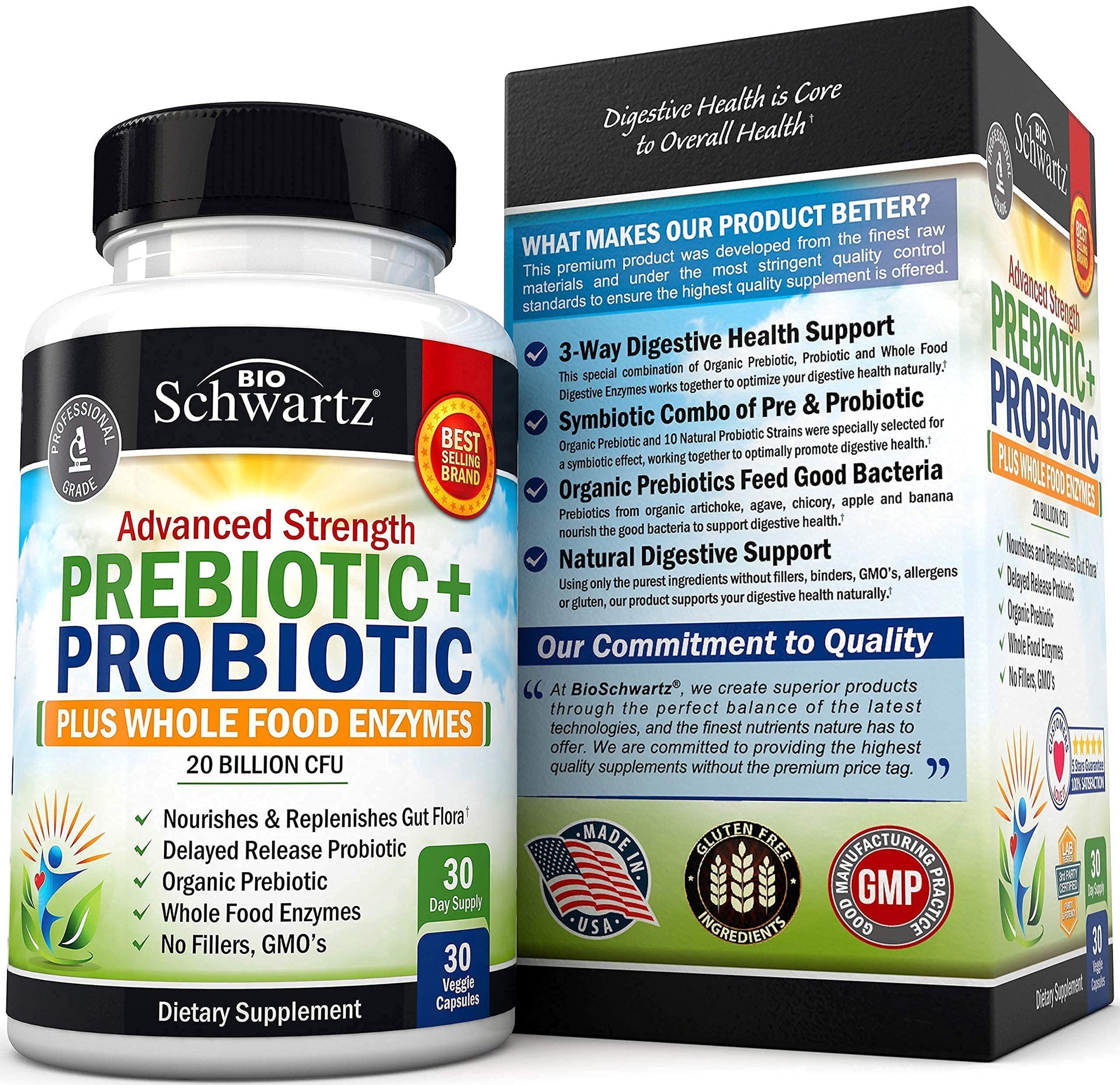 Probiotic & Prebiotic Digestive Health Capsules - 30ct, Gluten & Dairy Free, Non-GMO BioSchwartzUS supplements