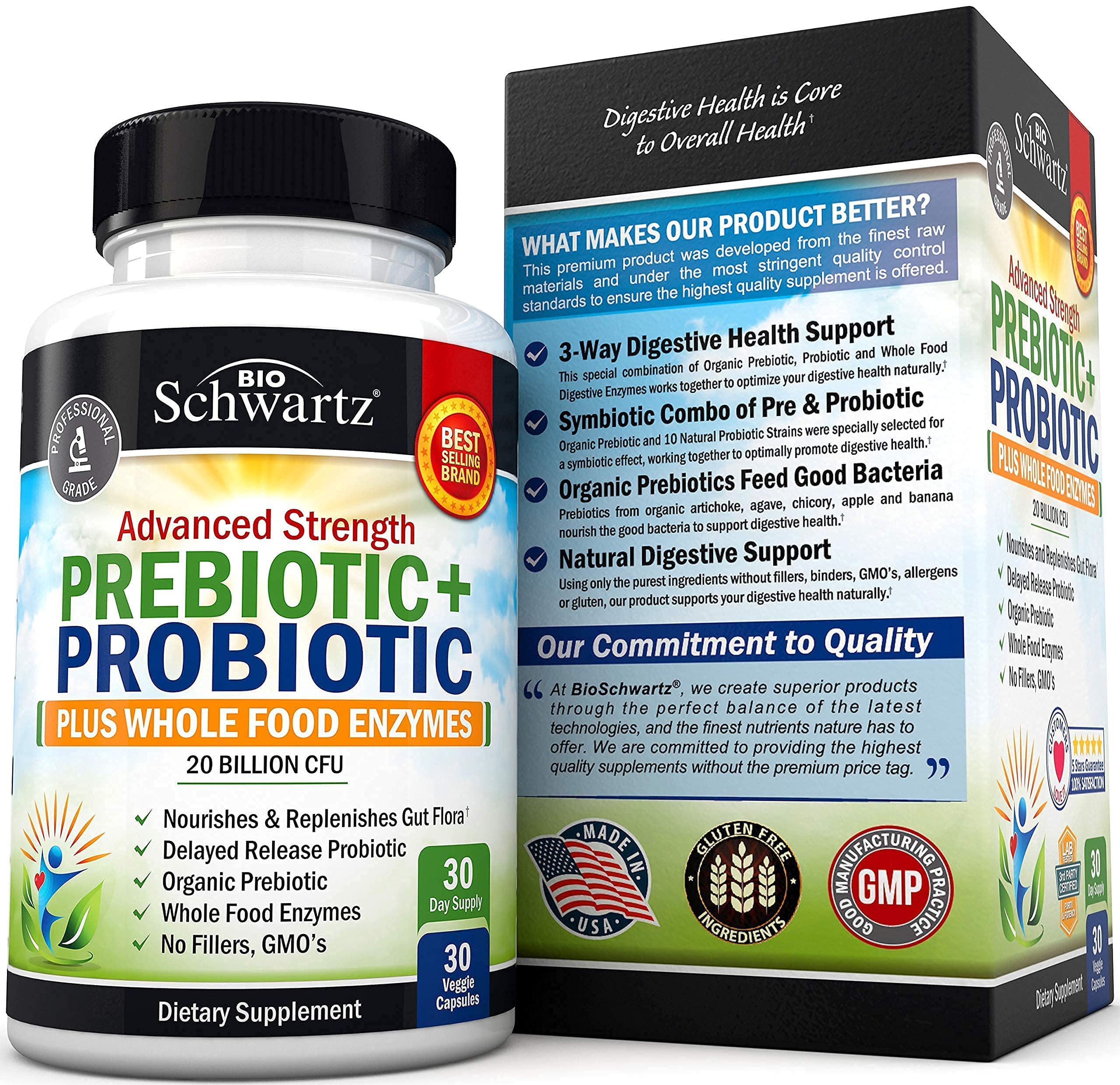 Probiotic & Prebiotic Digestive Health Capsules - 30ct, Gluten & Dairy Free, Non-GMO BioSchwartzUS supplements